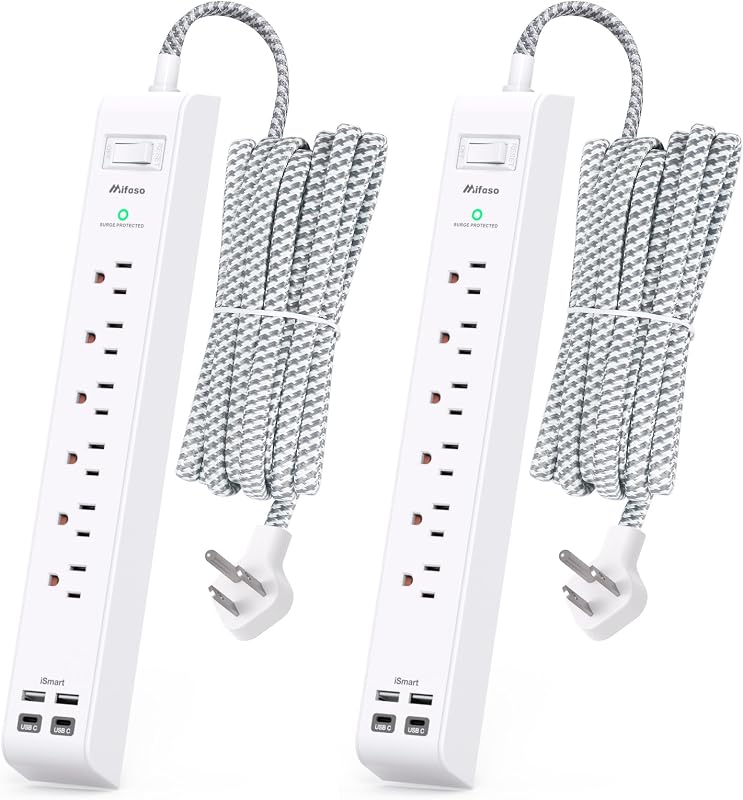 2 Pack Extension Cord 10FT Power Strips with Surge Protection | 6 Outlets 4 USB Charging Ports, Flat Plug, Overload Protection, Wall Mount for Home Office, Dorm Room Essentials