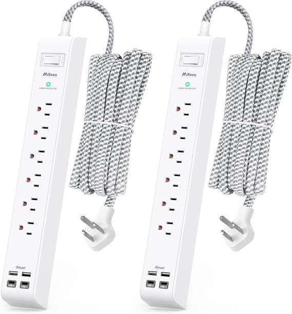 2 Pack Extension Cord 10ft Power Strip - Surge Protector with 6 Outlets 4 USB Charging Ports, Flat Plug, Overload Protection, Wall Mount for Home Office, Dorm Room Essentials