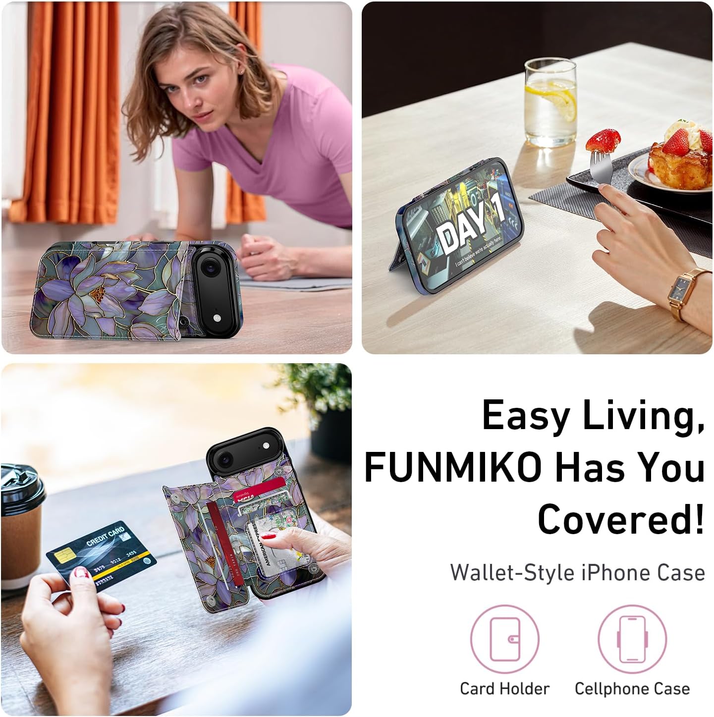 FUNMIKO for iPhone 17 Air Wallet Case with Card Holder, RFID-Blocking, Military-Grade Protection & UV-Printed Artwork, Magnetic Closure with Leather Kickstand - Dreamy Lotus - Image 6