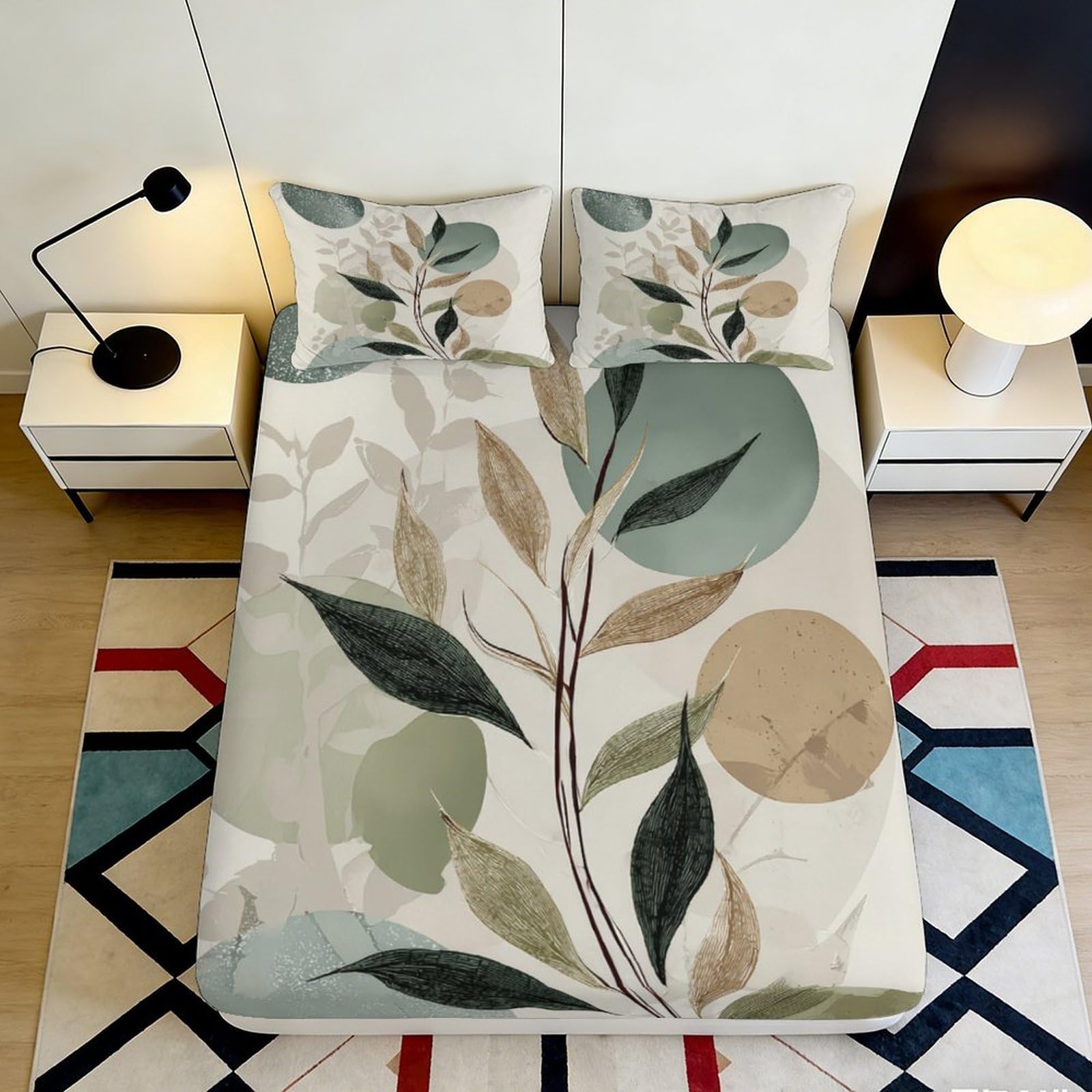 3D Printed Botanical Leaf Fitted Sheet Microfiber Anti-Slip Earth Tone Mattress Cover for Bedroom Guest Room Decor 90x200x25cm