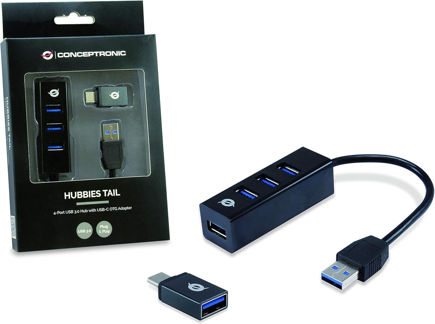 Conceptronic HUBBIES04B 4-Port USB 3.0 Hub and OTG Adapter for USB-C