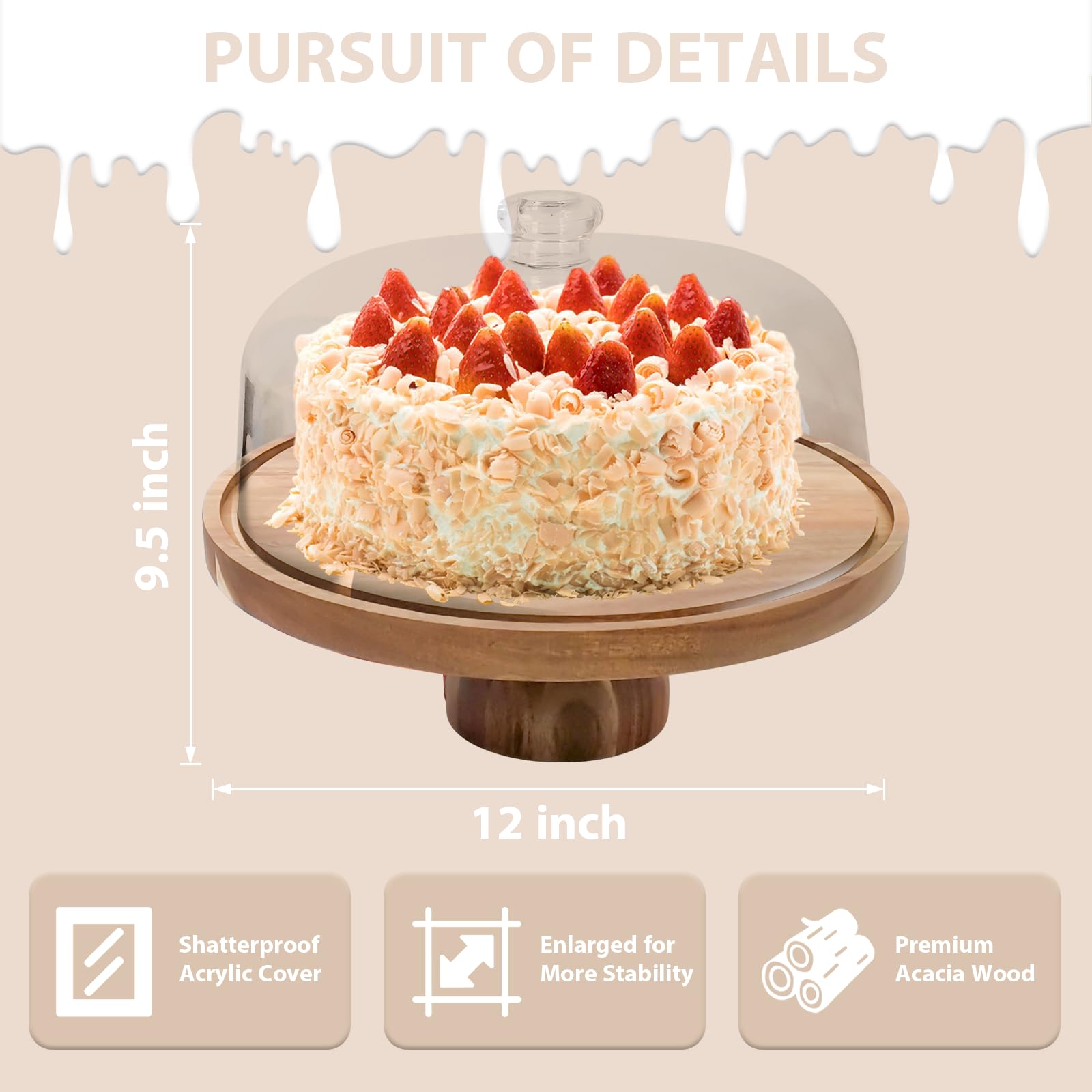 Acacia Wood Cake Stand with Lid - 12in Cake Stand with Dome,2 in 1 Charcuterie Board for Cheese, Chips, Fruit Platter, Large Acrylic Cake Dome Cover