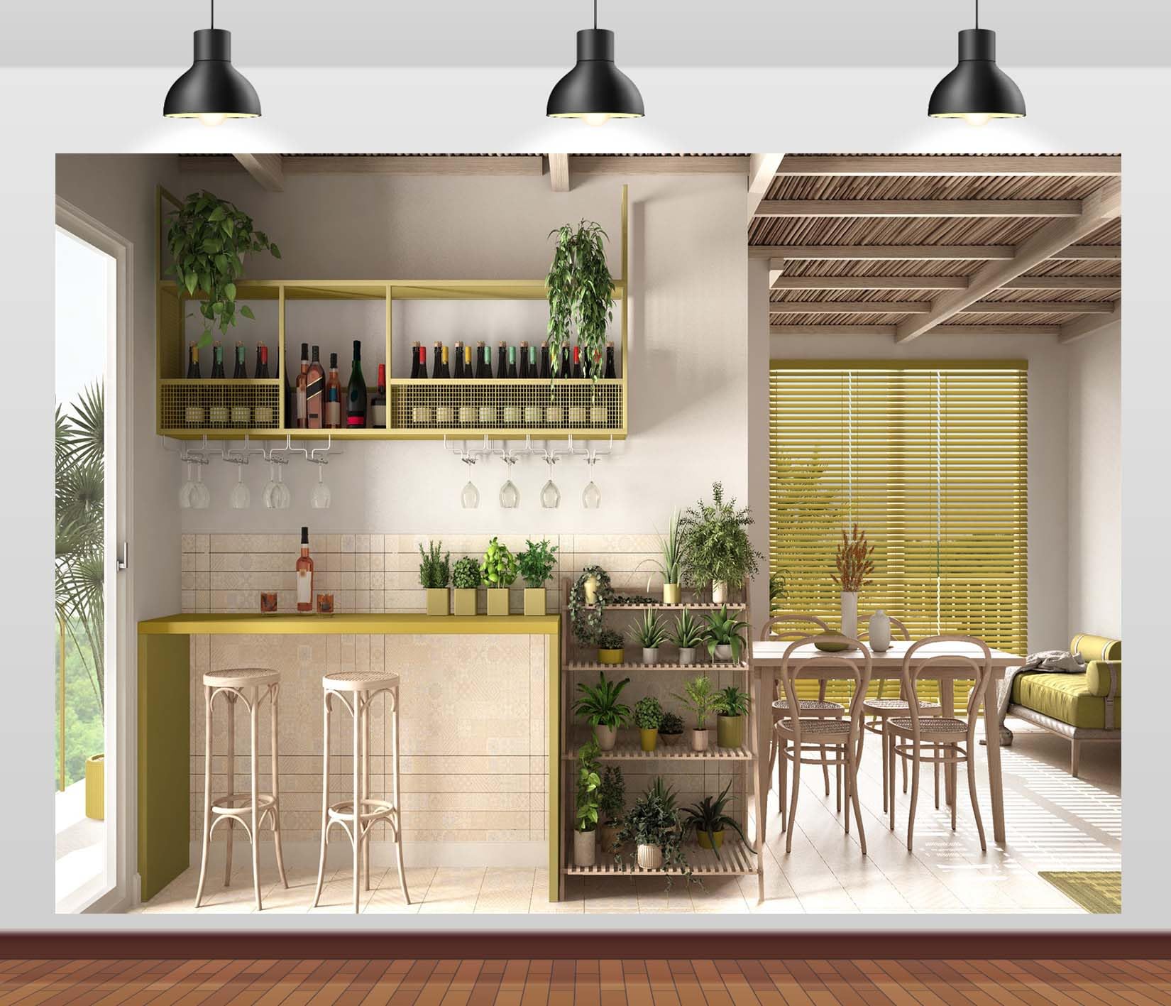 17x10FT (5.2x3m) Bar Domestico Luminoso Con Piante Verdi Sfondo Fotografico | Angolo Cocktail Interno Arioso Fondale In Tessuto,Bancone In Legno Bicchieri,Per Feste In Casa E Foto Lifestyle,Photo Booth