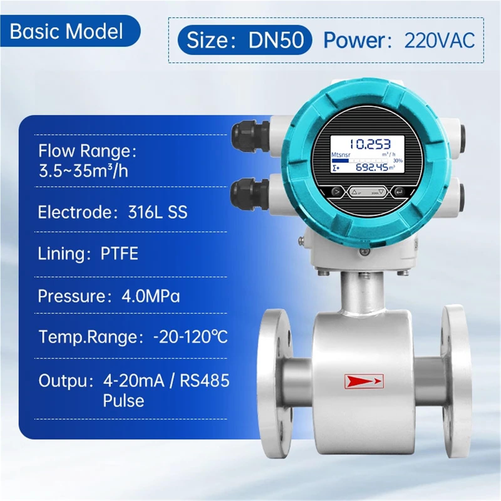 Caudalímetro electromagnético DN10 con Salida de señal de Pulso Universal RS485 de 4-20mA for medición de Flujo de líquido y Agua DN25(DN50 Upgraded)