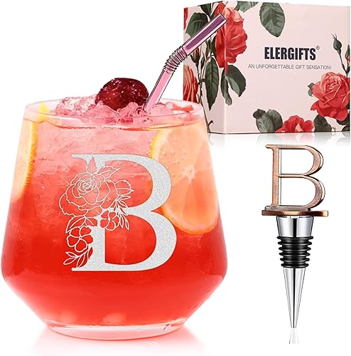 Mothers Day Gifts for Mom Grandma Wife Daughter, Personalized Gifts for Women, Monogrammed A-Z Wine Glass with Wine Stopper, Unique Birthday Gifts for Women Mom Friend Sister Wife -Dishwasher Safe(B)