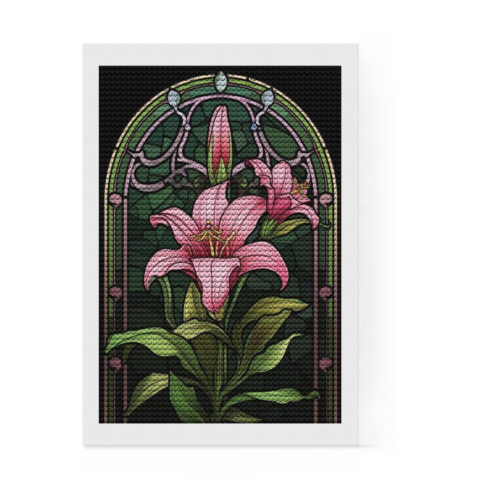 Junmoney Stained Glass Lily Full Drill Diamond Painting Kit 8"x12", Easy to Enjoy, Mindful Craft Project, Relaxing DIY, Canvas Picture