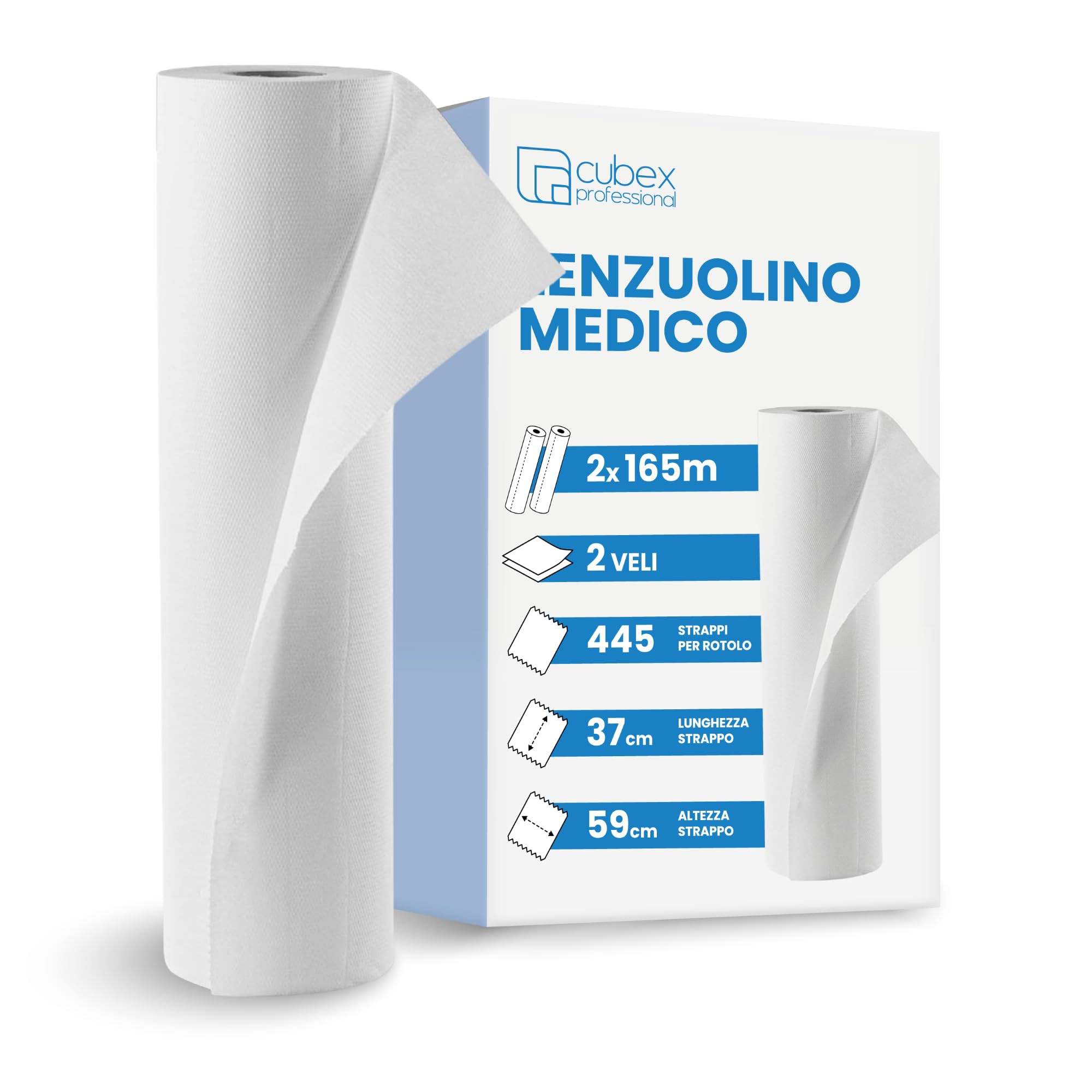 Cubex Professional Drap de lit médical, 2 rouleaux de 165 m x 59 cm, pure cellulose à 2 voiles, doux et absorbant, pour centres esthétiques, SPA, physiothérapeutes