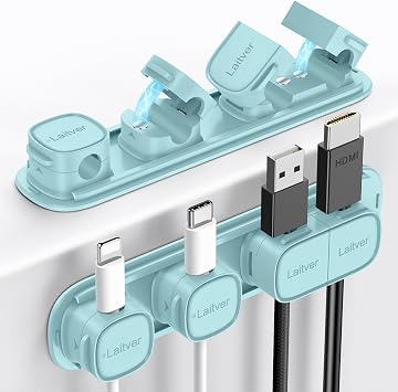 6 Pack Magnetic Cable Clips [1s Open/Lock], Laitver Cord Organizer Holder Strong Adhesive Desk Cable Management- Organize Charging Cords Neatly for Home, Office, Car,Desk, Nightstand-Blue
