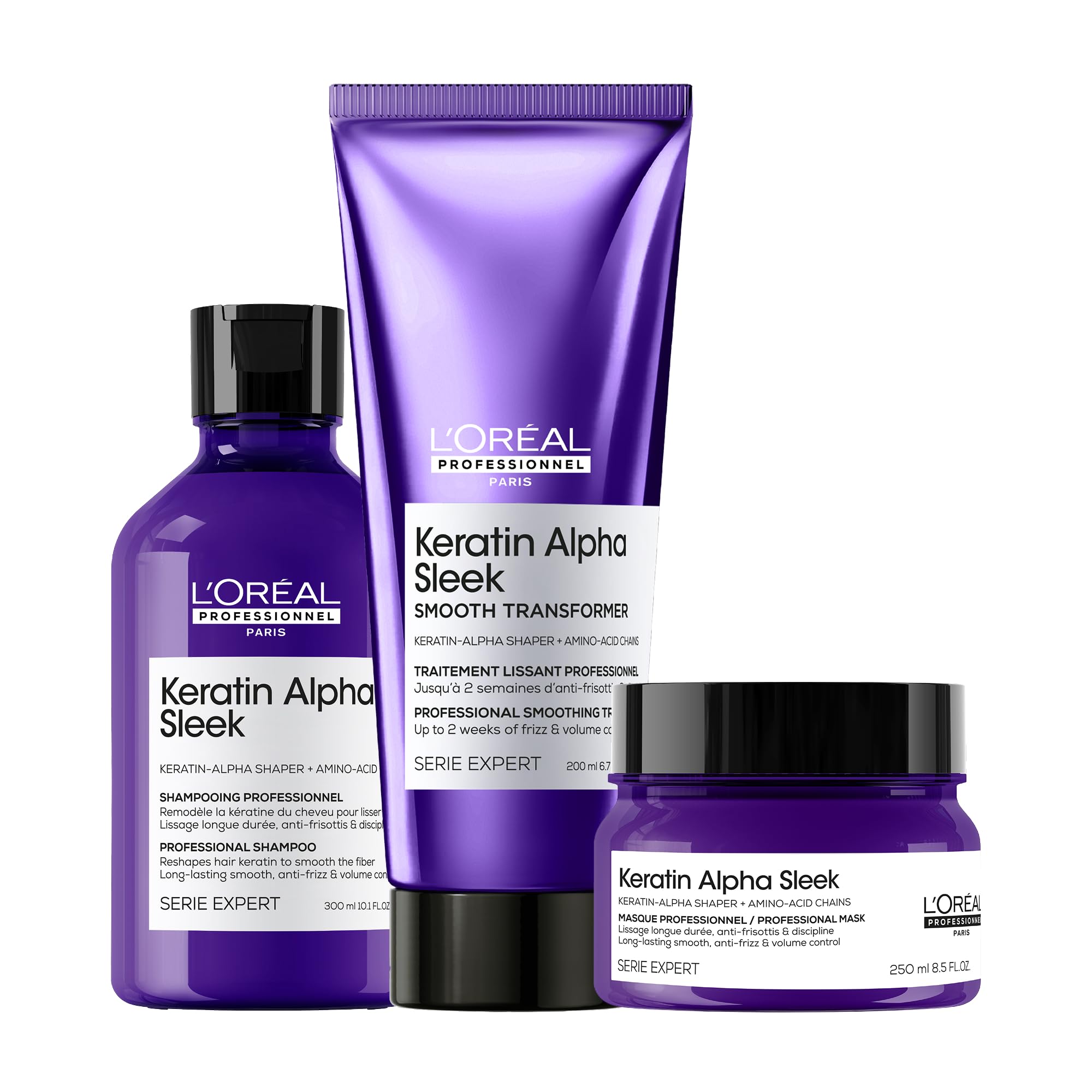L'Oréal Professionnel Rutina Keratin Alpha Sleek Champú Sin Sulfatos, Tratamiento Progresivo y Mascarilla, para Control del Frizz y Volumen, Suavidad Instantánea, Hidratación y Brillo