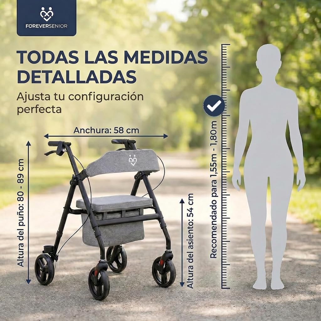 Andador Plegable y Ligero de 9 kg con Asiento – Rollator para Ancianos con Estructura de Acero, Bolsa y Respaldo Acolchado – Andador Estrecho para Interior y Exterior