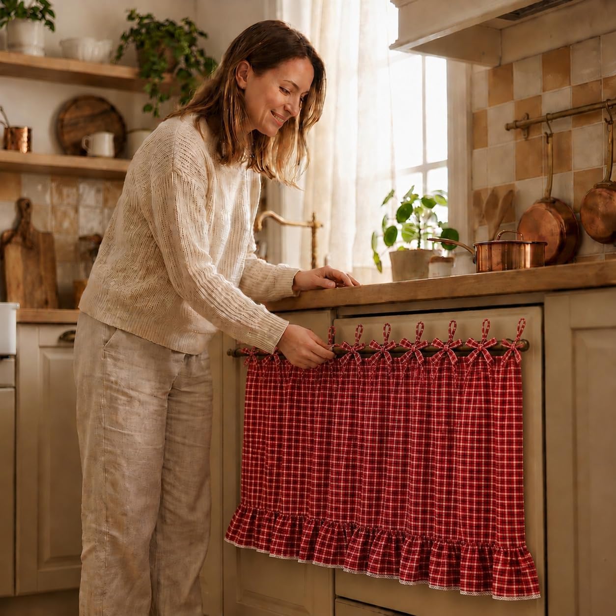 Soft Cotton-Poly Blend Oven Skirt with Elegant Ruffle, Oven Curtain with Lace Trim & 8 Ribbon Ties, Oven Skirt Curtain for Door, Farmhouse Stove Curtain, Decorative Kitchen Panel