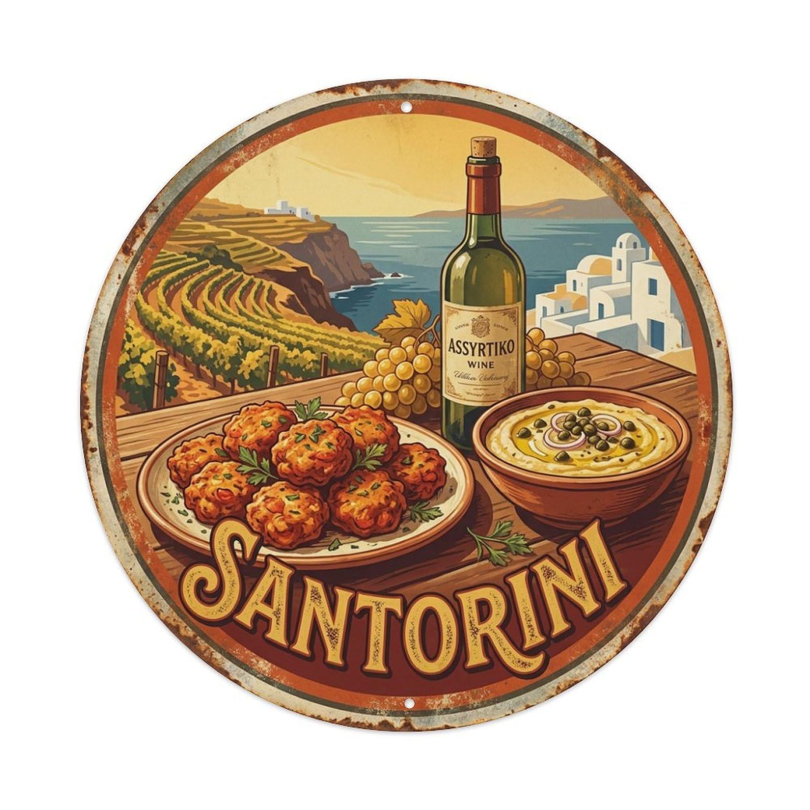 Santorini Tomato Fritters Wine Cuisine Travel Vintage Metal Tin Sign