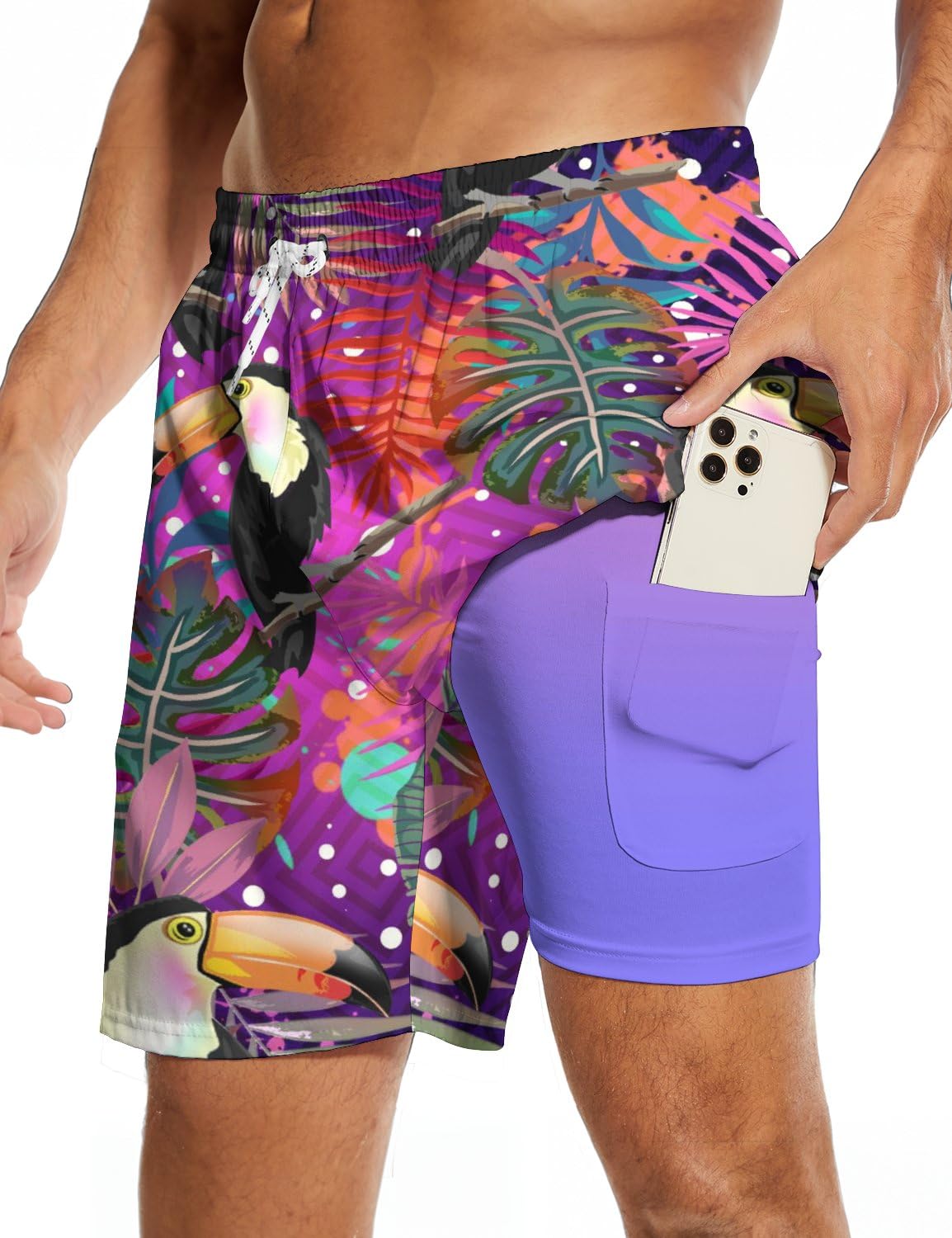 Hawaii Floral Toucan Mens Swim Trunks with Compression Liner 5” Quick Dry Swimwear Bathing Suit Funny Swimming Board Shorts with Pockets
