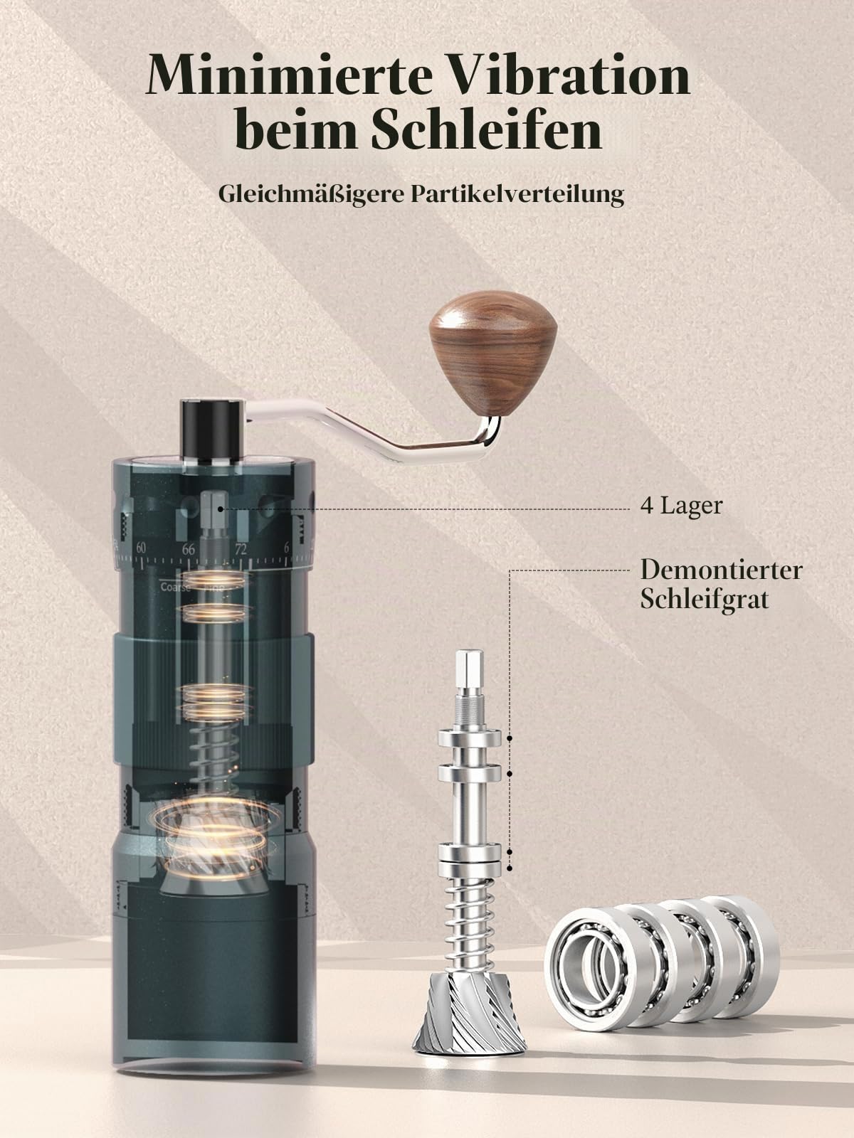 Manuelle Kaffeemühle mit 16μm externer Mahlgradeinstellung, Präzisionsmühle für Espresso & Pour Over, CNC Edelstahl-Kegelmahlwerk, Aluminiumgehäuse, Bohrmaschinen-kompatibel, Grau