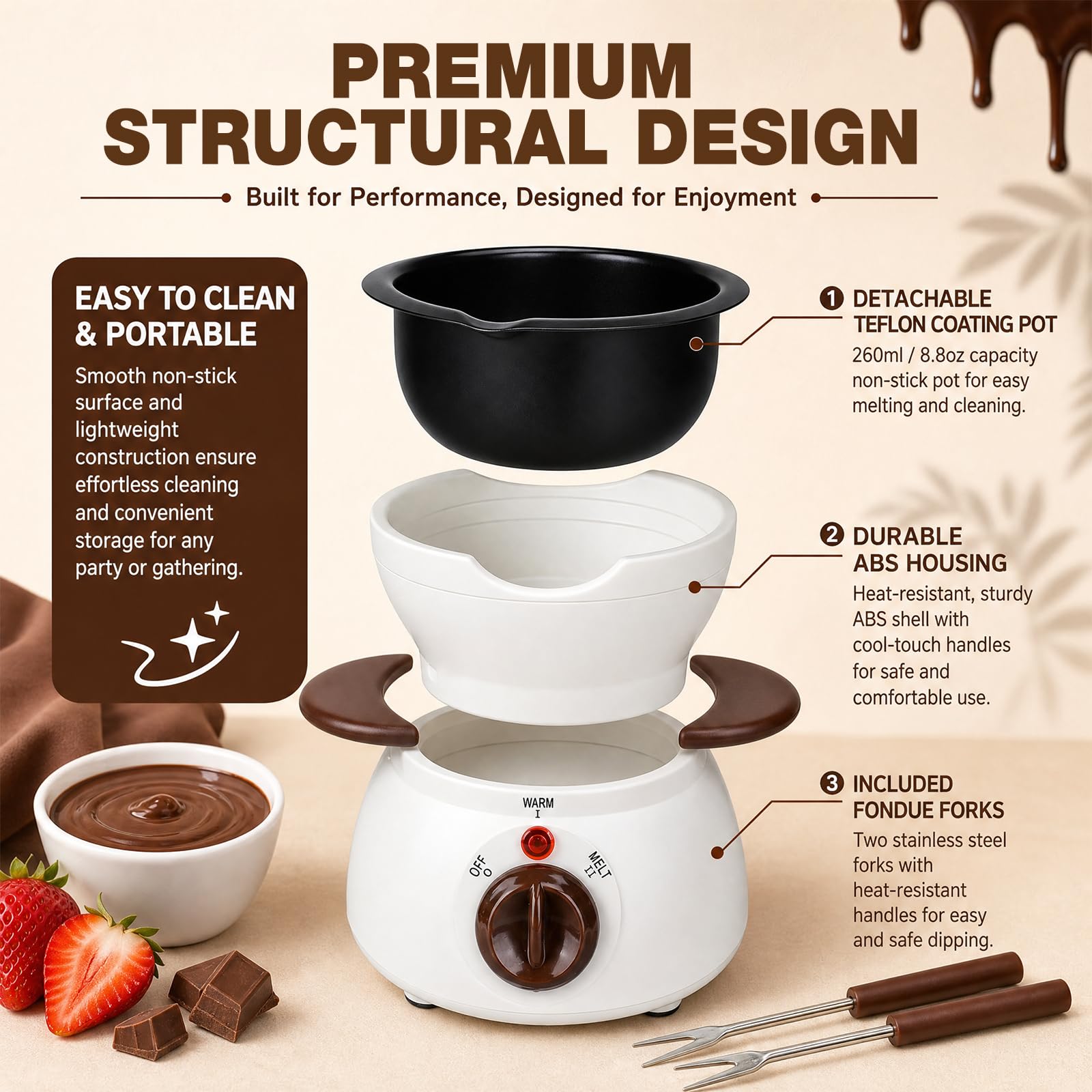 Fondue de chocolate eléctrico de 300 ml, derretidor de chocolate con 8 tenedores de acero inoxidable, juego de fondue para derretir chocolate y cobertura, regulador de temperatura para postres