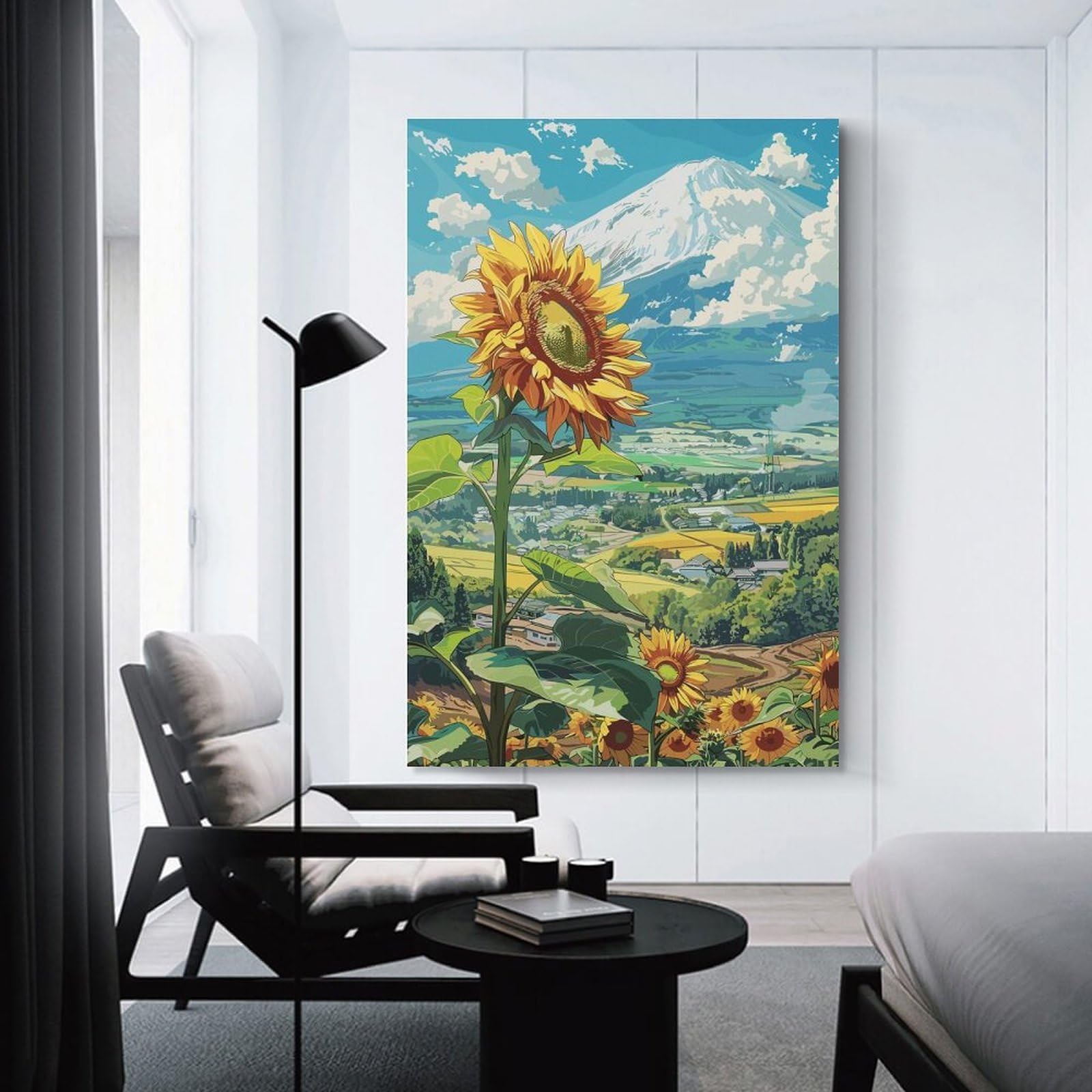Junmoney Sunflowers And Mount Fuji Room Decor Wall Art, 24x36inch(60x90cm), for Hallway, Lounge Or Guest Room, Gift Idea for Housewarming And Birthdays