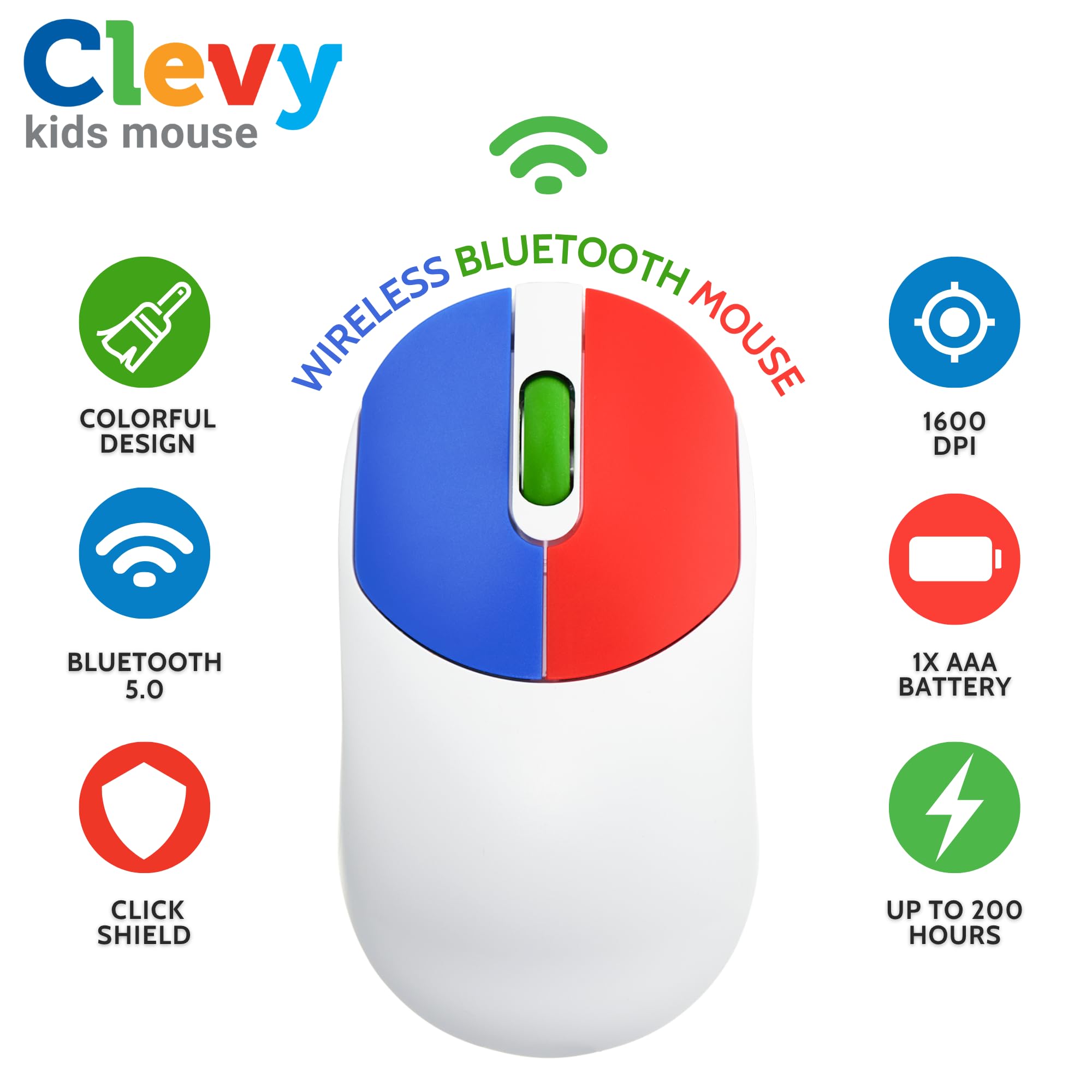 Clevy Mysz dla dzieci, kolorowa, ergonomiczna mysz Bluetooth do komputera i laptopa, do użytku w szkole i domu, bezprzewodowa, przyjazna dla dzieci, kompatybilna z Windows, macOS, Chromebook