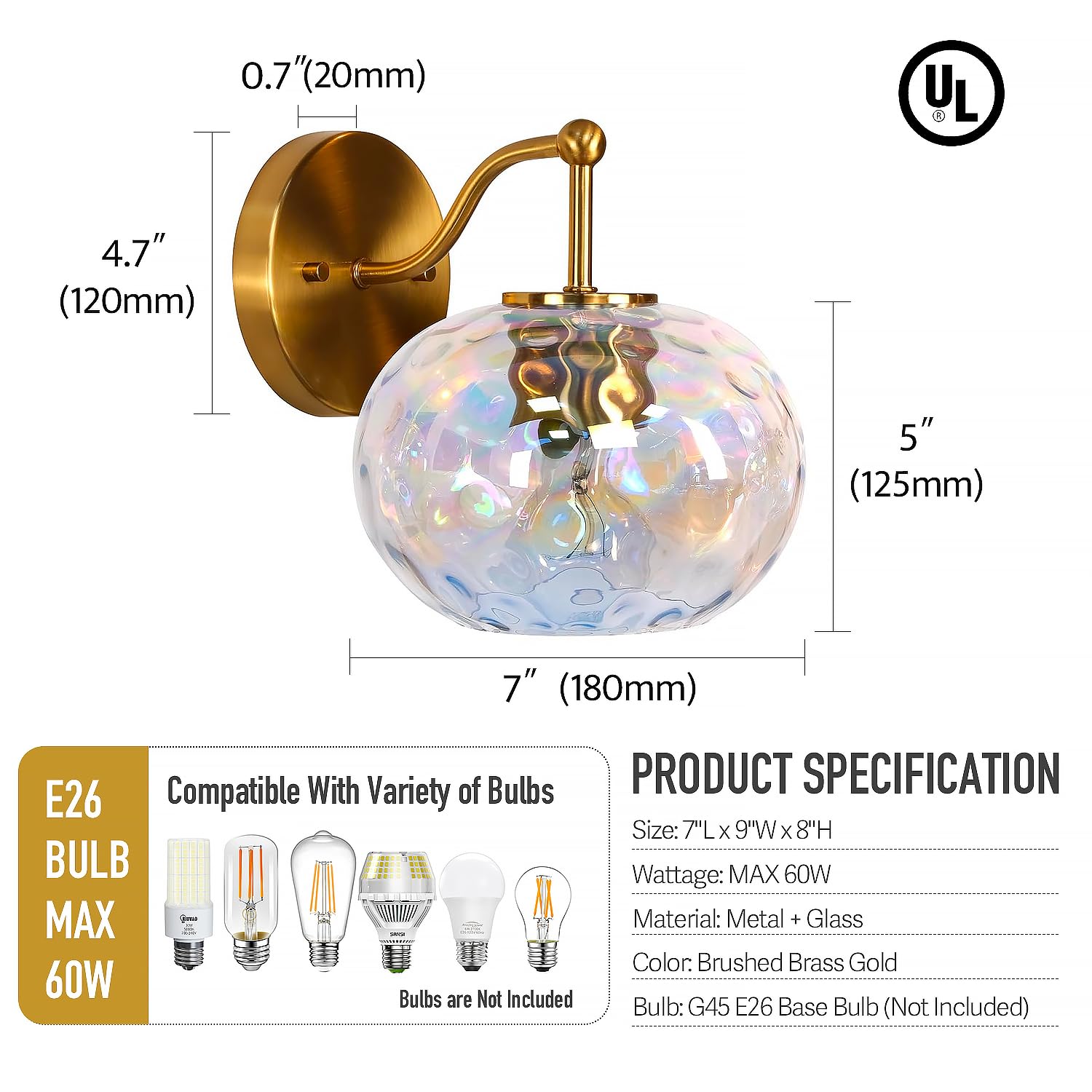Juego de 2 apliques de pared de vidrio martillado de color dorado cepillado, lámpara de pared de latón con 1 luz para pasillo, sala de estar, escalera, baño, sobre espejo (latón dorado, 1 luz) 3
