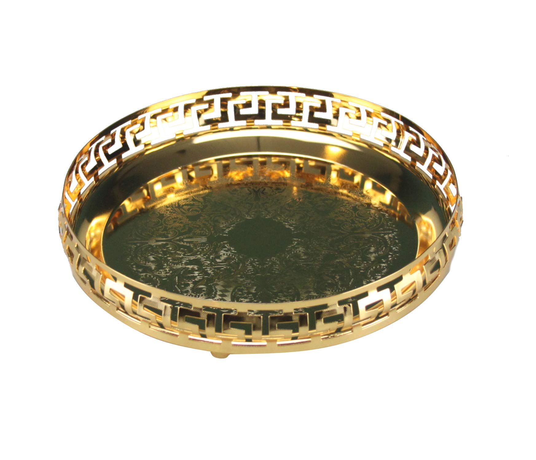 Gold Serving Tray Round Decorative Mirror Polished Pandan Centrepiece Tealight Candles Plate Tea Fruit Platter Snacks Cupcake Drinks 23cm (Style 2 - Gold)