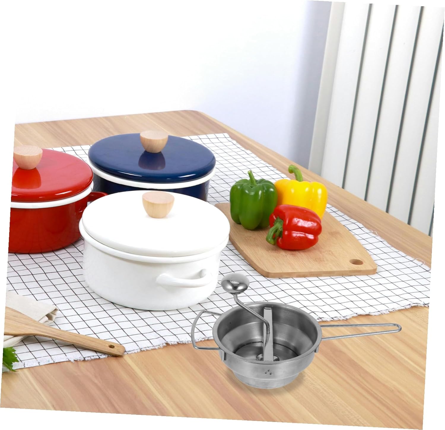 Ergonomic Stainless Steel Potato Masher with Handle Manual Rotary Ricer for Smooth Mashed Potatoes Vegetables and Fruit Puree Includes Interchangeable Discs Multipurpose Kitchen