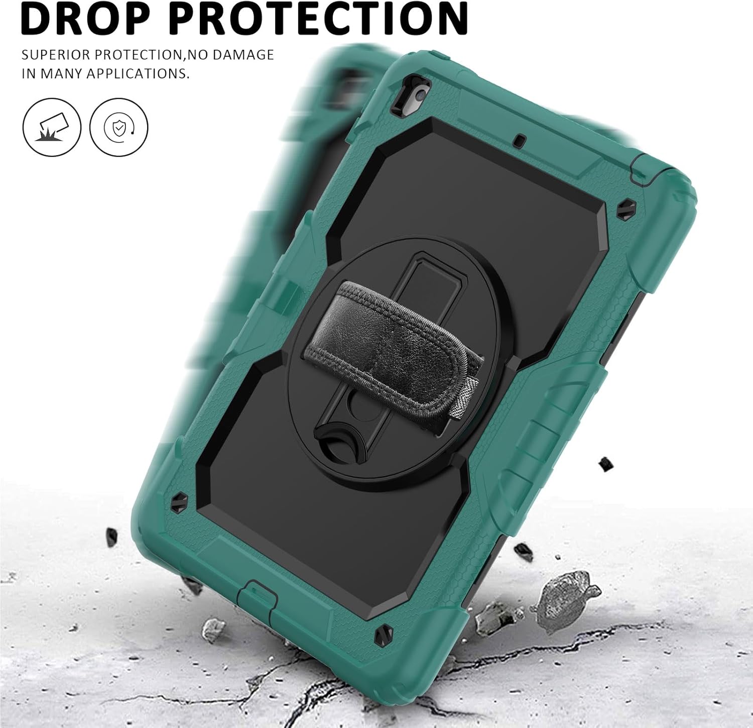 Ambison Case for iPad 9th/8th/7th Generation 10.2'' 2021/2020/2019, [Kid Proof] Full Body Protective Case with 9H Tempered Glass Screen Protector, 360° Rotatable Kickstand & Hand Strap (Teal & Black)