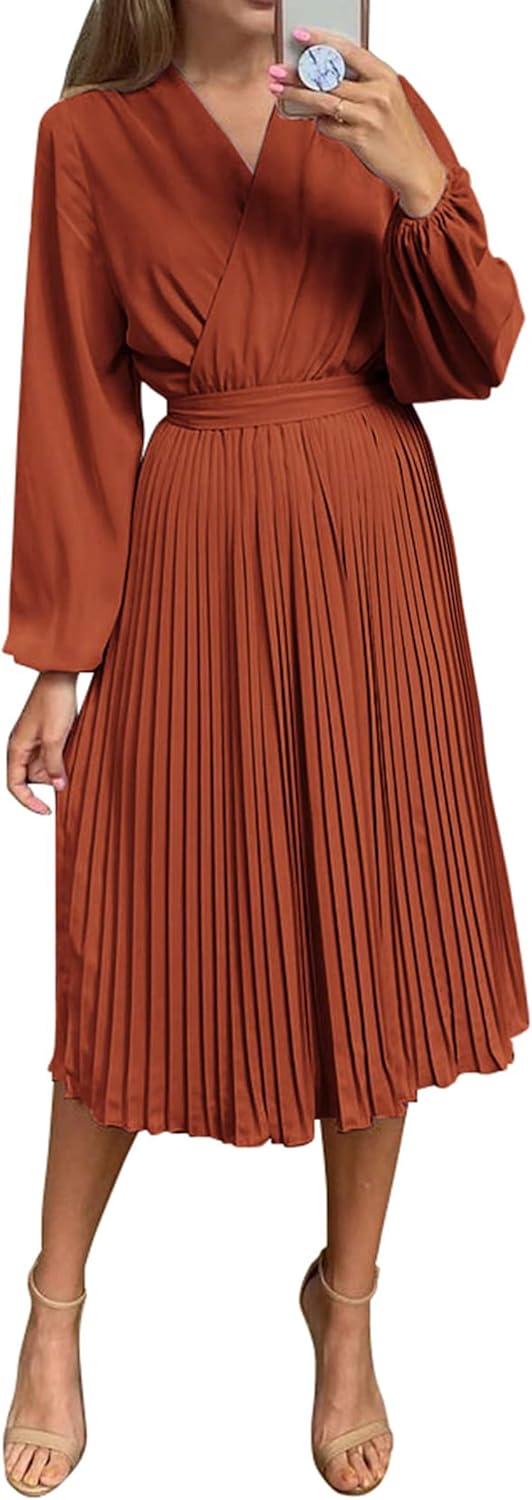PRETTYGARDEN Women’s Spring Midi Dress Long Puff Sleeve Wrap V Neck Flowy Ruffle Pleated Casual Fall Dresses
