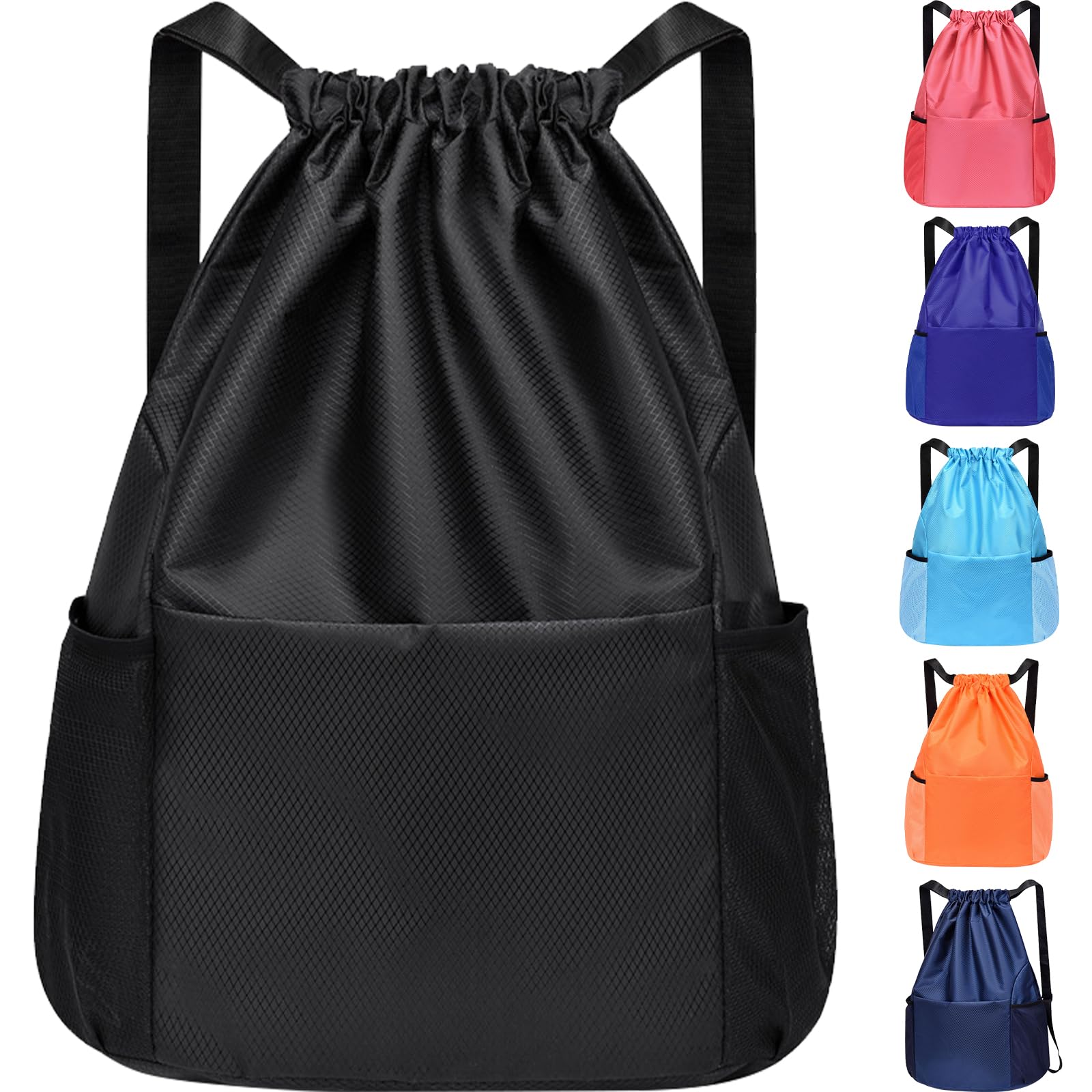 InfiniZer Sports Drawstring Bags Waterproof Swimming Bag for Kids Adults Unisex Large Capacity Foldable Gym Bag for Swimming Gym School Travel Hiking (Black)