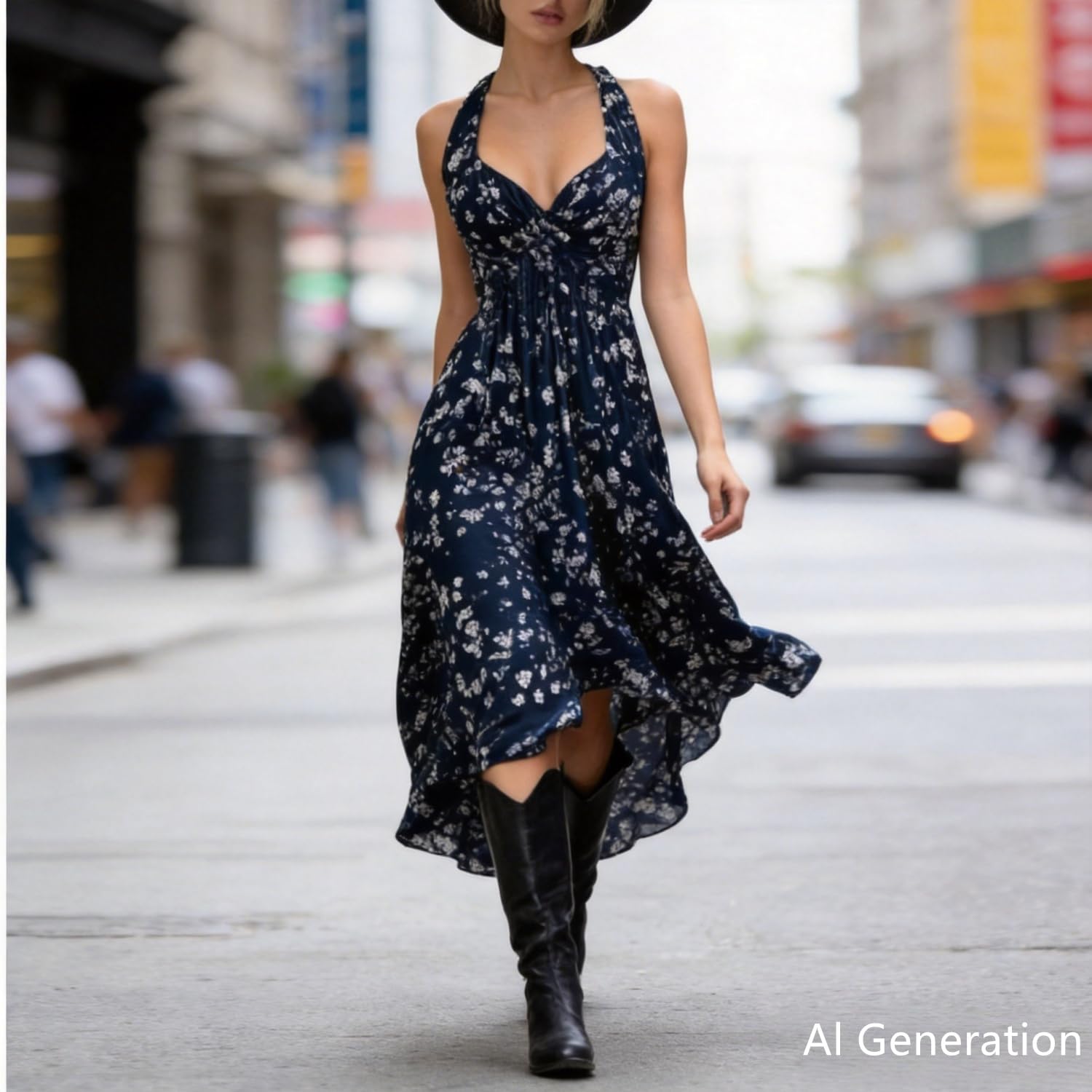 Vestido Largo Casual para Mujer con Estampado Floral, Cuello Halter y sin Mangas