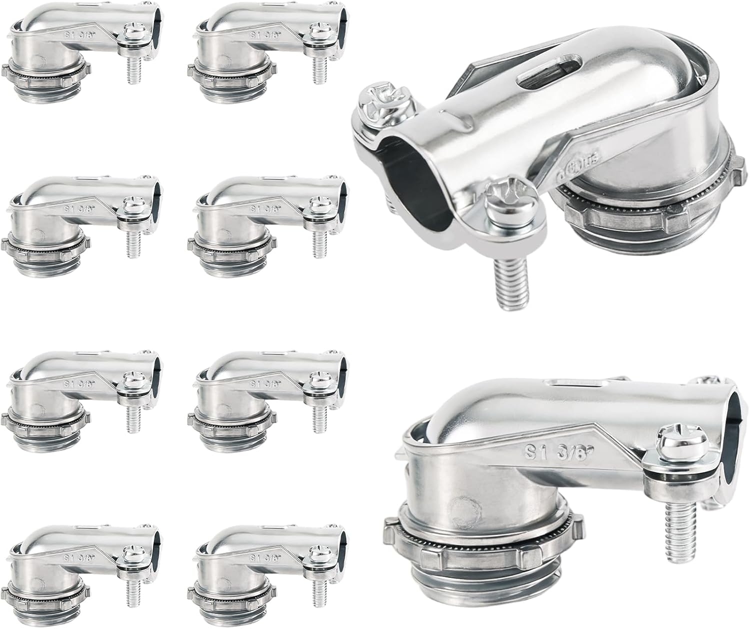 10pcs 90° Squeeze Connectors, Premium Zinc Alloy 90-Degree Metal Conduit Elbow Cable Fitting for AC/MC/Flexible Metal Conduit (3/8 Inch)