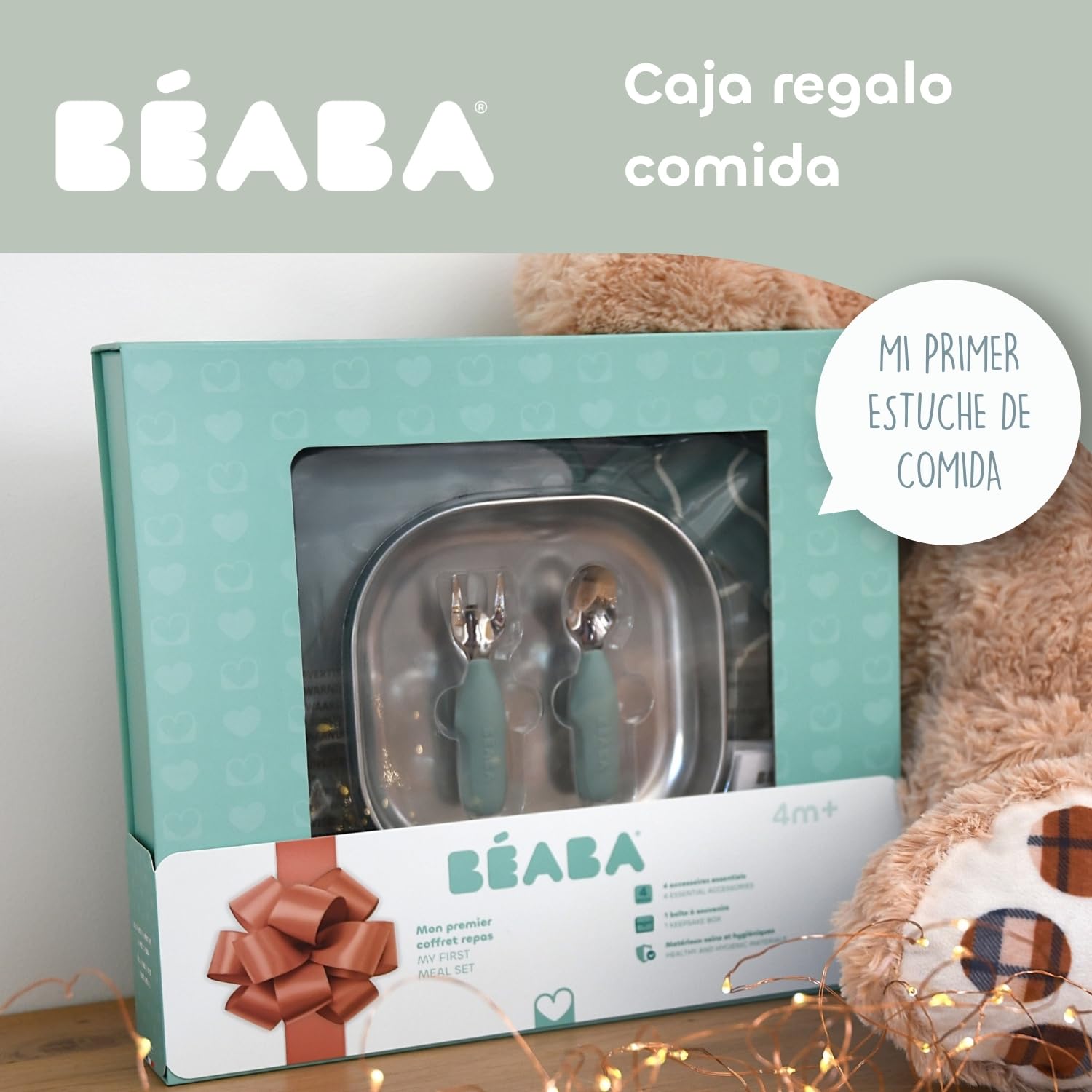 BÉABA, Set de Comida Bebé – Regalo de Nacimiento Completo desde 4 Meses – Plato Inox Microondas, Cubiertos Ergonómicos, Babero con Mangas, Caja Recuerdo – Materiales Saludables/Duraderos, Verde Salvia