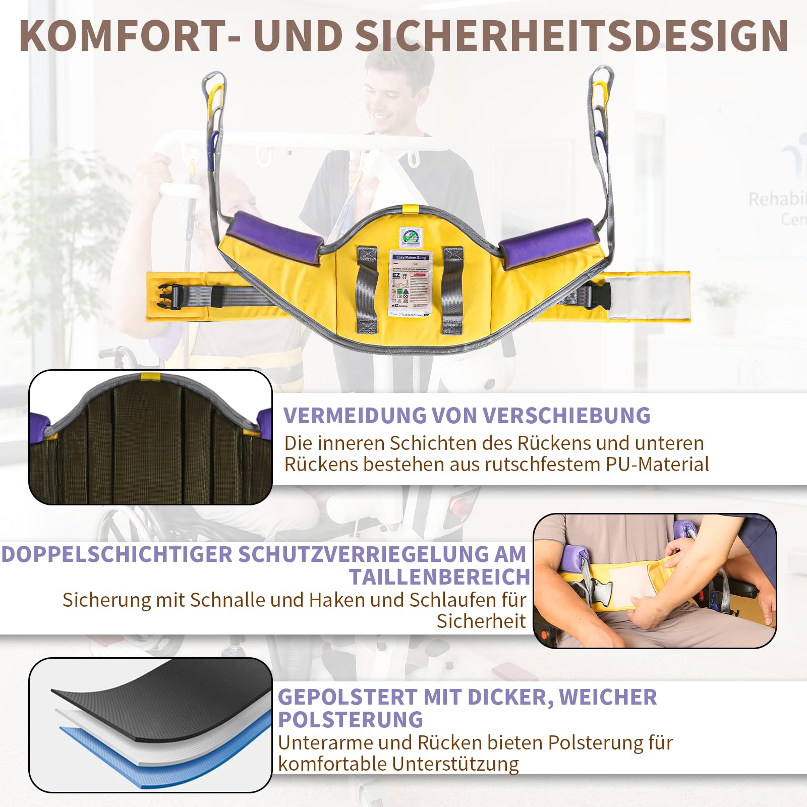 EZ Assistive Sitz-zu-Stand-Hebeschlinge für das Aufrichten oder Anheben von Patienten, gepolsterte Aufstehhilfe-Hebeschlinge zum Transferieren – maximale Traglast 500 lbs (Gelb, Mittel)
