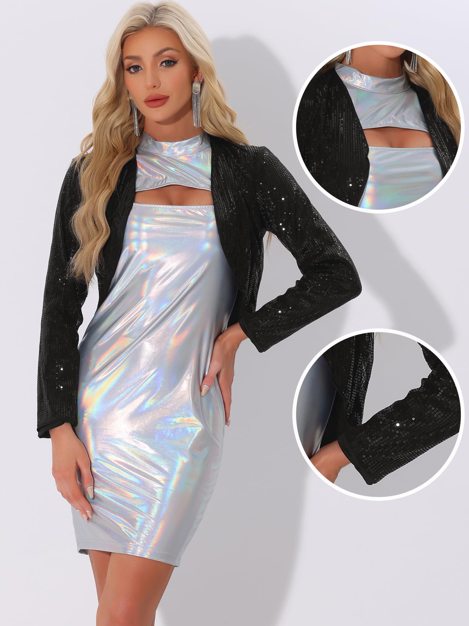 Allegra K Donna Bolero Scintillante con Paillettes Aperto Corto per Festa