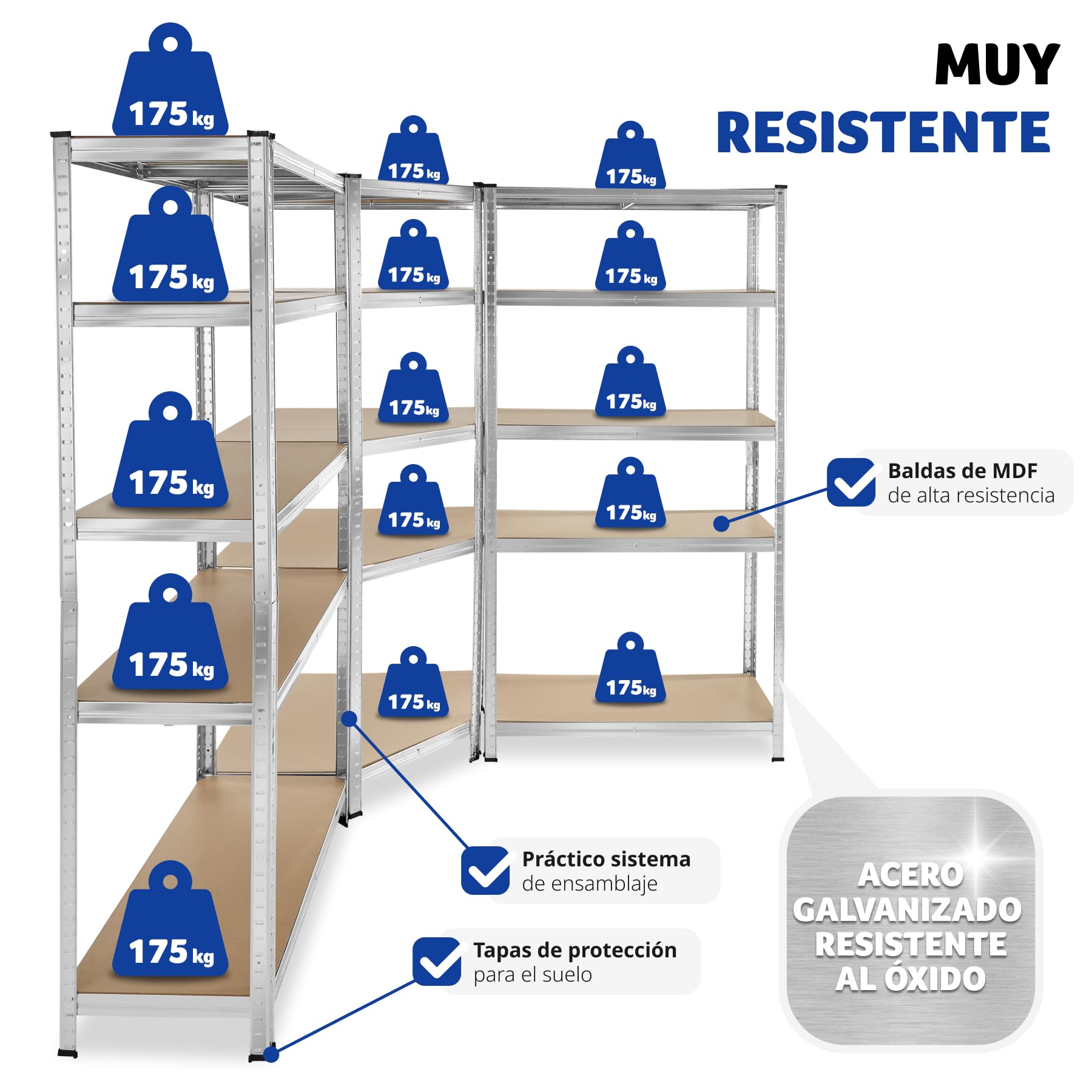 tectake® Estantería para Cargas Pesadas, 3 Partes, 15 Estantes, Estructura de Acero Galvanizado, Capacidad de Carga 2625 kg, Ajustable en Altura, Convertible en Bancos de Trabajo, Bordes Redondeados