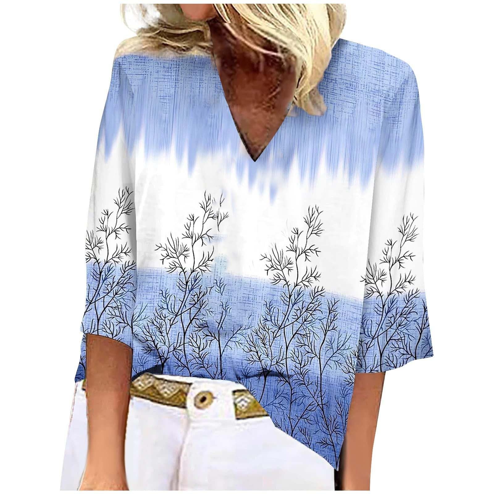 Oversized T Shirt Women 2024 Women's Summer Casual 3/4 Sleeve Shirts Lace V Neck Dressy Tops Trendy Vacation Boho Floral Blouses Going Out Outfits for Women