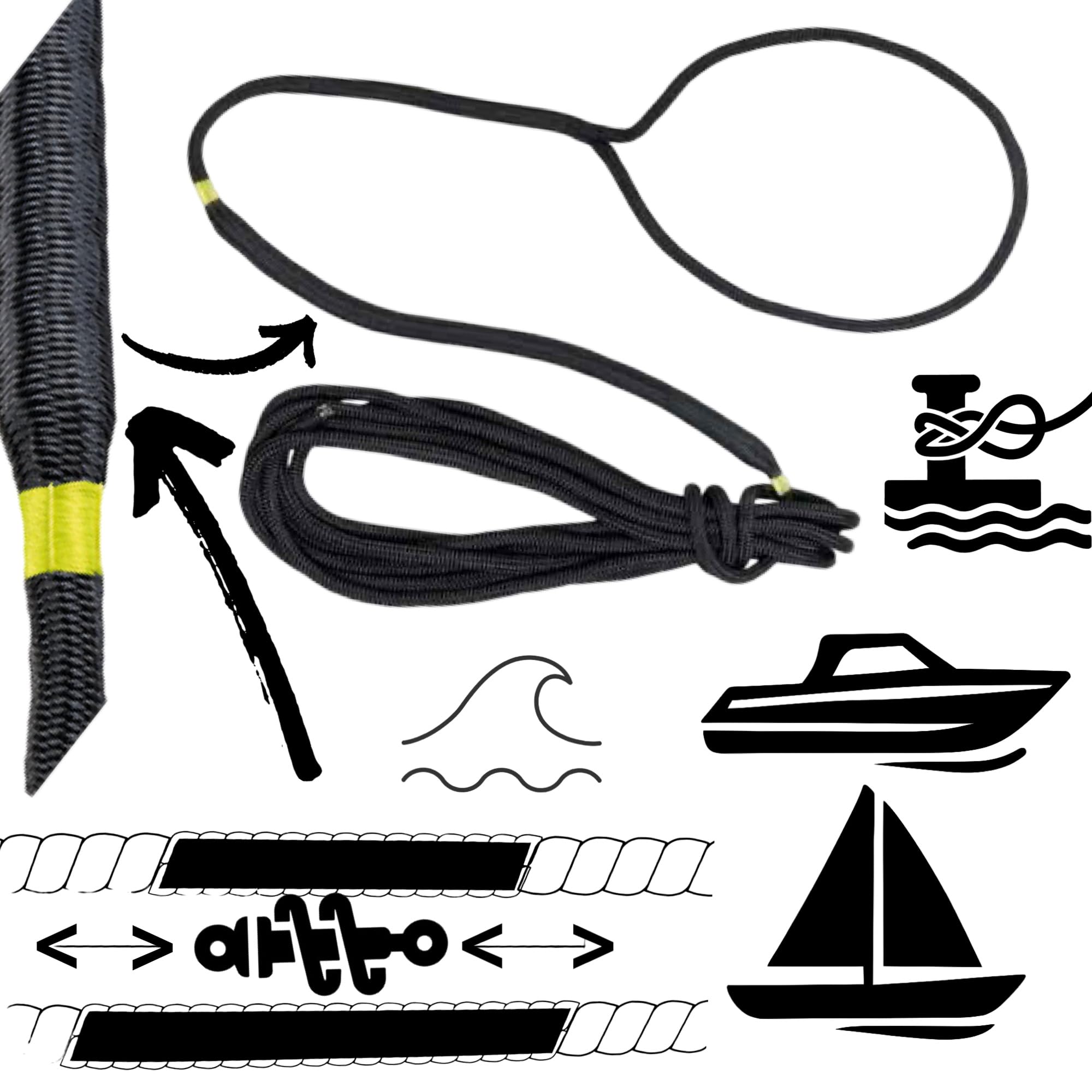 Corda da ormeggio per barca, con ammortizzatore, 12 mm x 8 m, nero | Guinzaglio con occhiello per yacht, barca a vela, barca a motore, barca sportiva e barca domestica