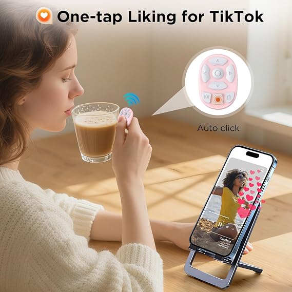 OUTXE Wireless Auto Clicker for TikTok, Bluetooth Remote Scrolling Ring for iPhone Hands-Free Liking/Page Turn/Volume Adjust/Take Photos Without Touching Phone Screen (Pink)