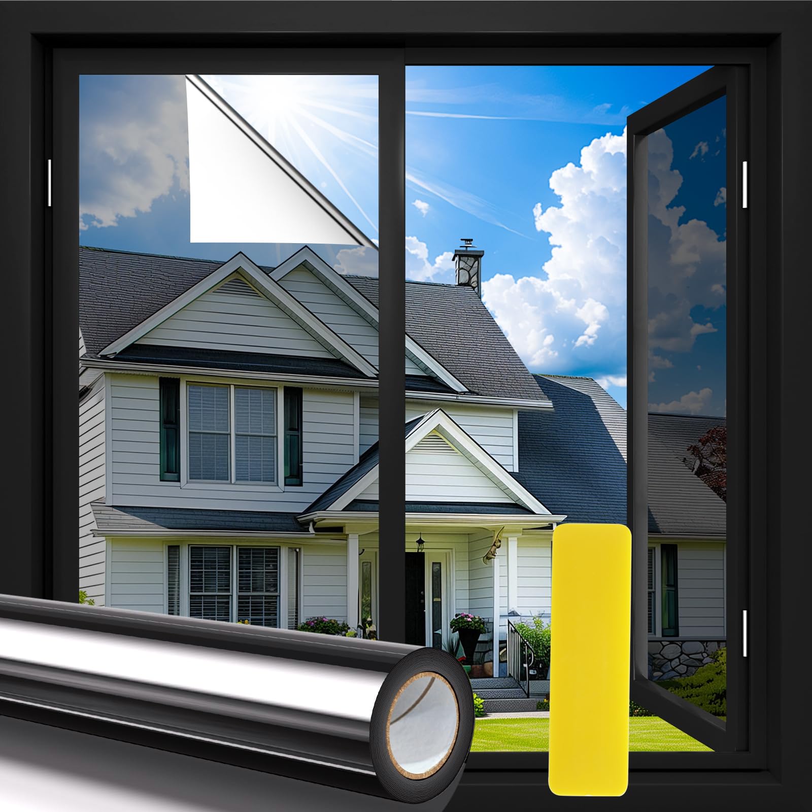 One Way Window Film Privacy Reflective Mirror Tint, 45x100cm Sun Blocker Anti Glare UV Blocking Heat Control Glass Window Film, Non-Adhesive See Out Not In Window Tint for Home and Office, Silver