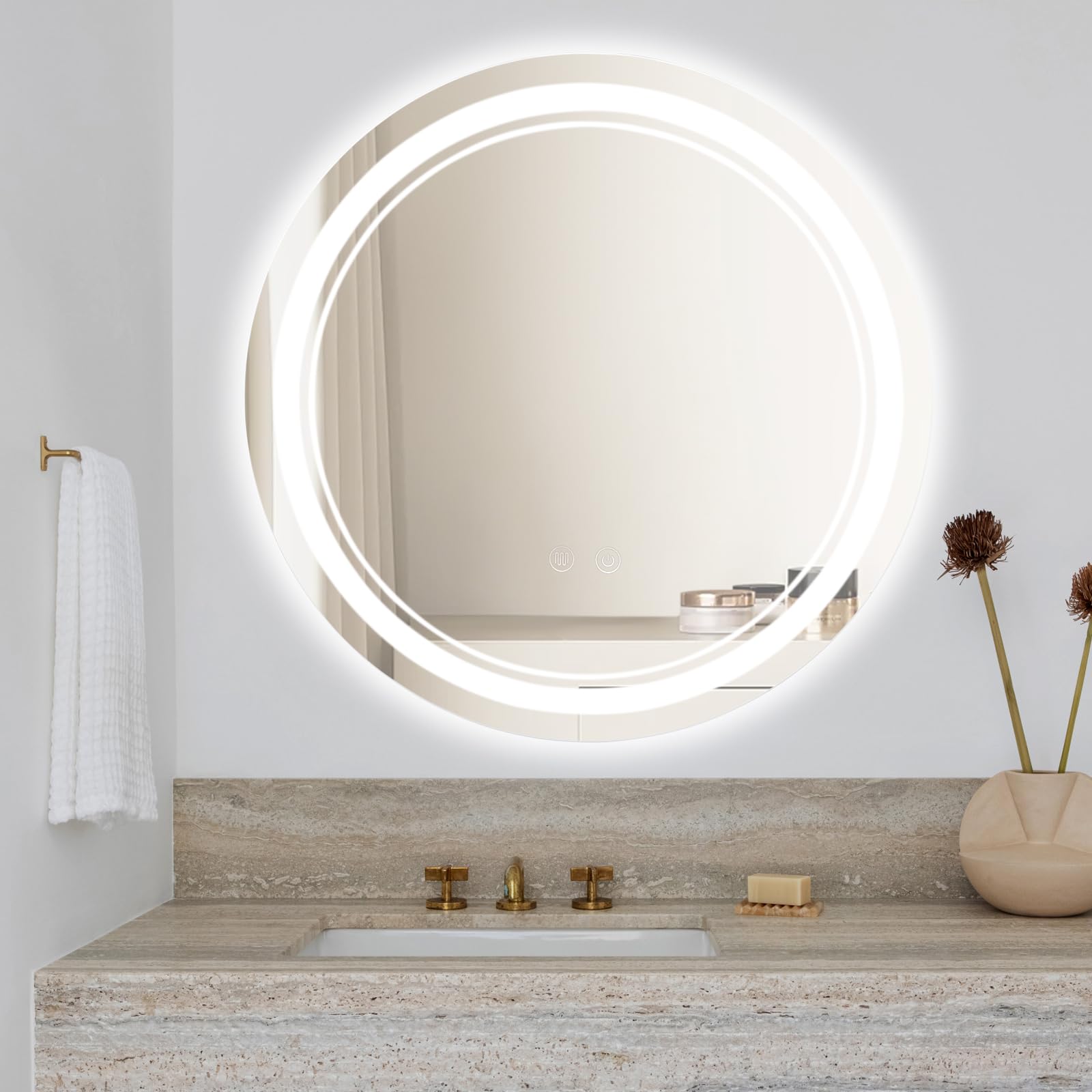 50 cm Runder Dimmbar LED Spiegel Bad mit Beleuchtung mit Memory und Antibeschlagfunktion, Touch-Schalter, 3 Lichtfarben einstellbar (3000K–6000K), Badezimmerspiegel für Make-up und Rasur