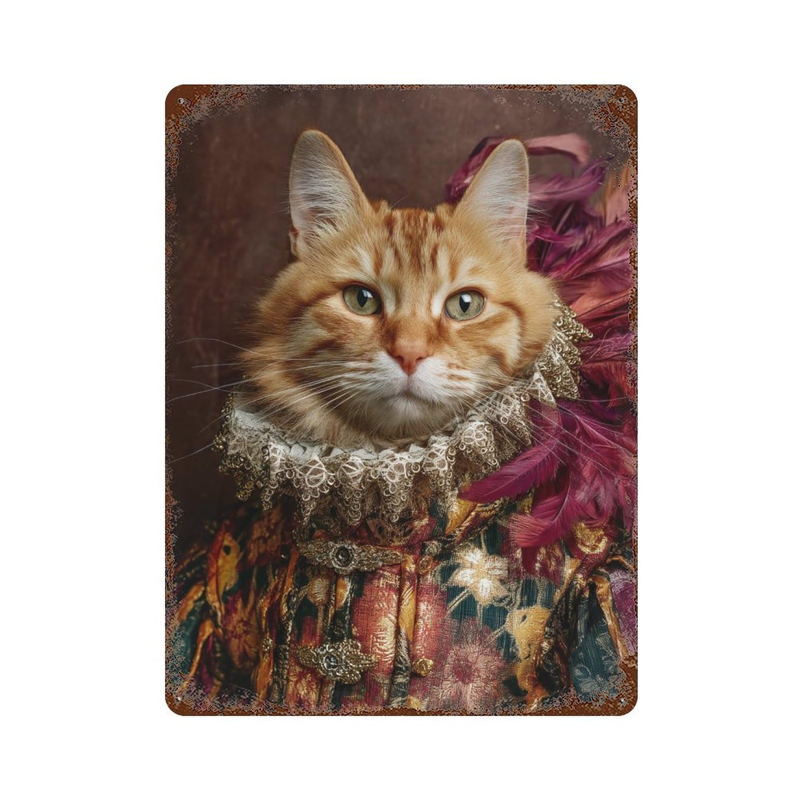 Renaissance Cat Portrait Weathered Tin Sign 15.7"x11.8", Farmhouse Wall Decor for Garage, Pub Or Kitchen