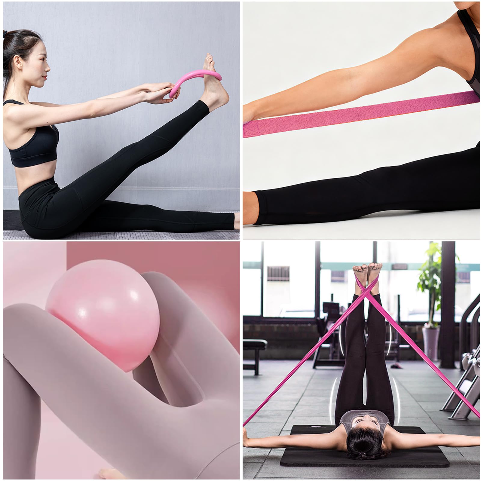 6 Pièces Kit Pilates Maison Accessoire Pilates Femme Kit: Yoga Ball, Resistance Bands, Pilate Ring, Yoga Band pour l'Entraînement à Domicile et en Studio (Rose)