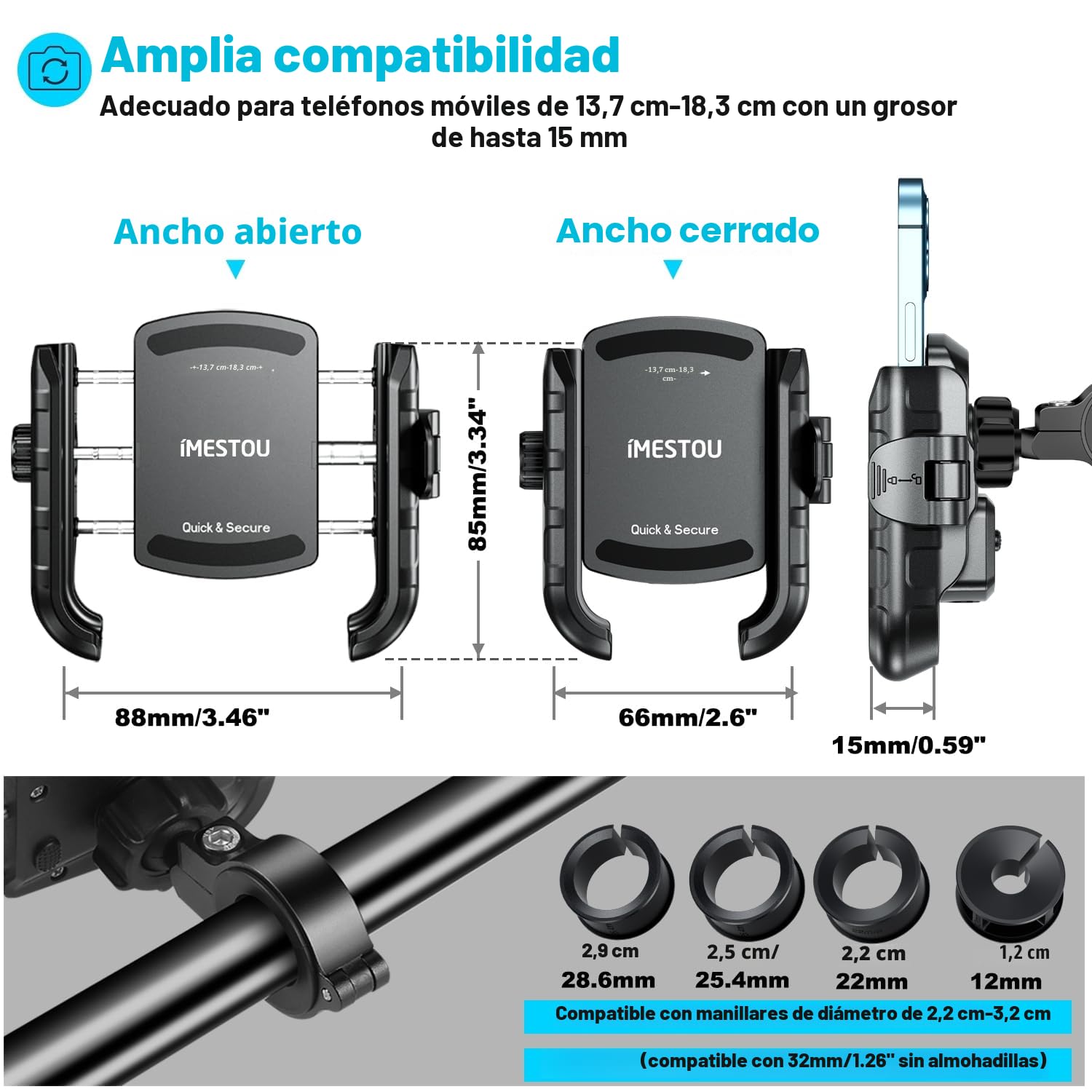 iMESTOU Aluminio Soporte Móvil Moto con USB Cargador, Carga Rápida Soporte Movil USB C para Moto, Compatible con Teléfonos de 5.4" a 7.2" de Hasta 15 mm de Grosor, se Adapta a Manillares de 12 a 32 mm
