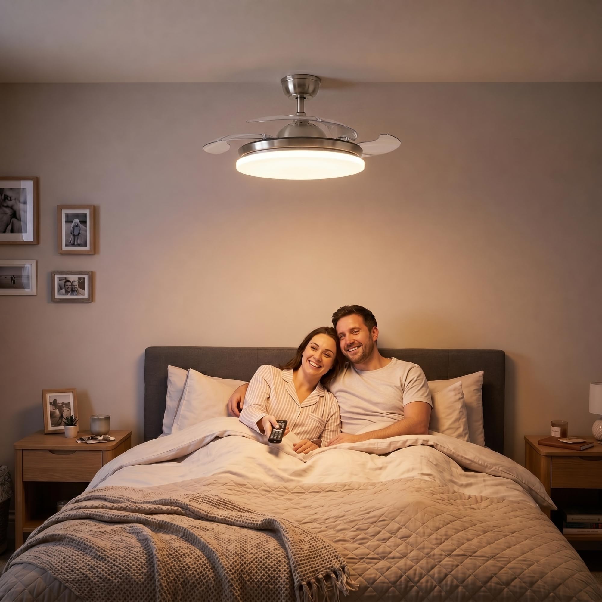 Yatek KALA Wentylator Sufitowy LED Nikiel, chowane przezroczyste łopatki, cichy silnik DC, pilot, ściemniane światło 59 W, 6980 lm, 6 prędkości, funkcja lato/zima, Ø 107 cm