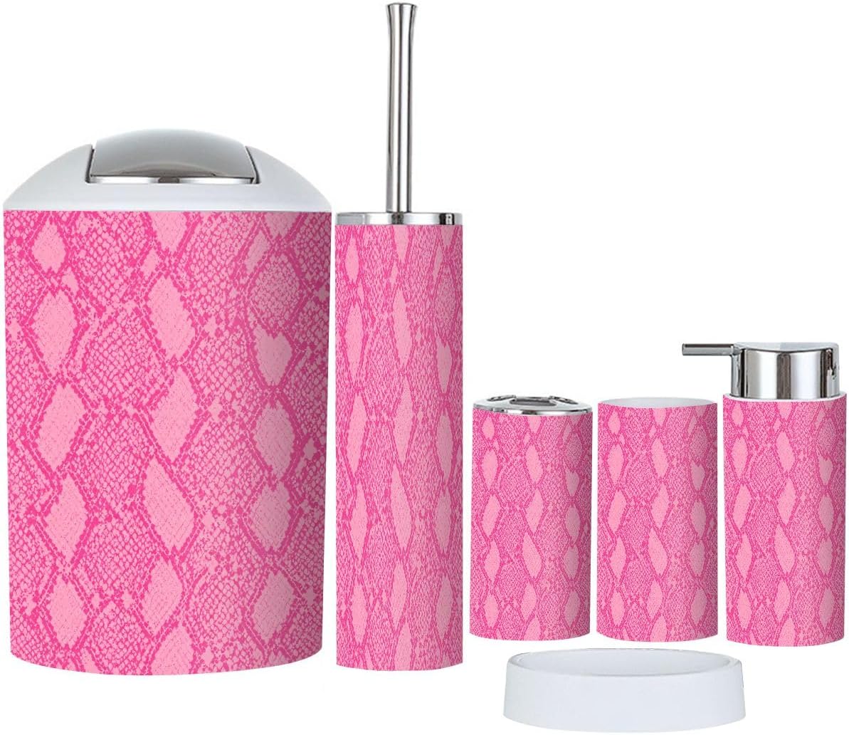 Bathroom Accessories Set 6 piece Pink Snake Skin Seamless Bold Design Plastic shatterproof Vanity Organization countertop Decor for Home, Apartment, Dorm