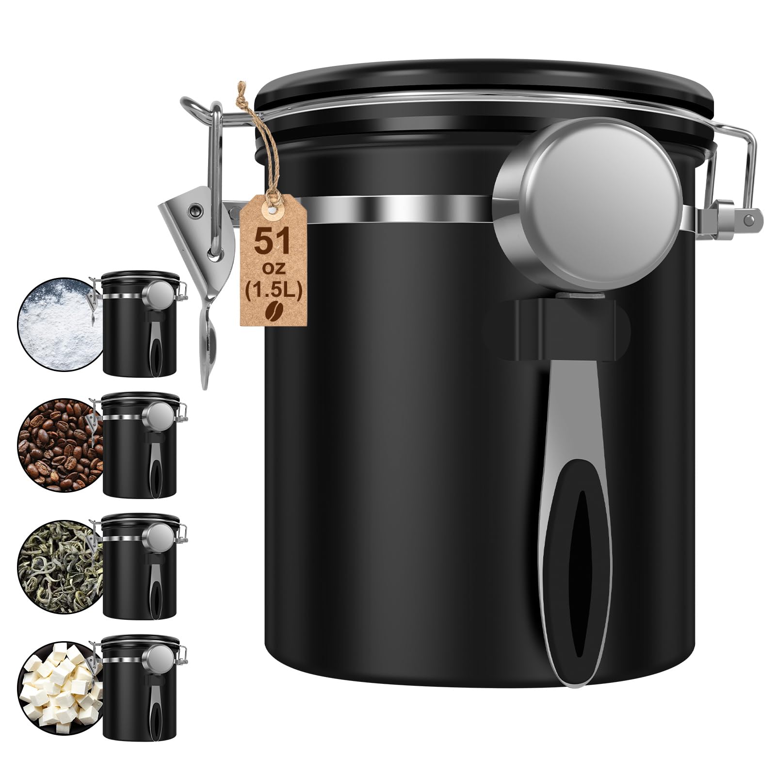 Kaffee-Vorratsdose, 1,5 l, doppelt, luftdicht, Kaffeebohnen-Behälter mit Datumsanzeige, 304 Edelstahl, Küchen-Lebensmittelbehälter mit Löffel für Tee, Zucker, 4 Stück