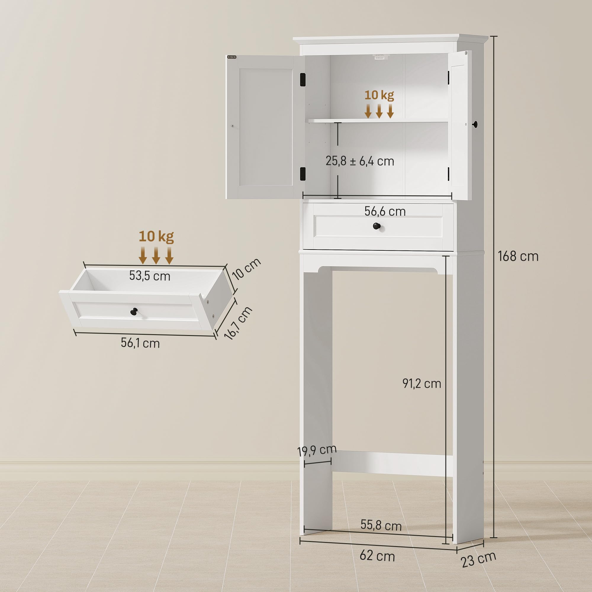HOMCOM Meuble WC Rangement Dessus de Toilette Tiroir 62 x 23 x 168 cm Blanc