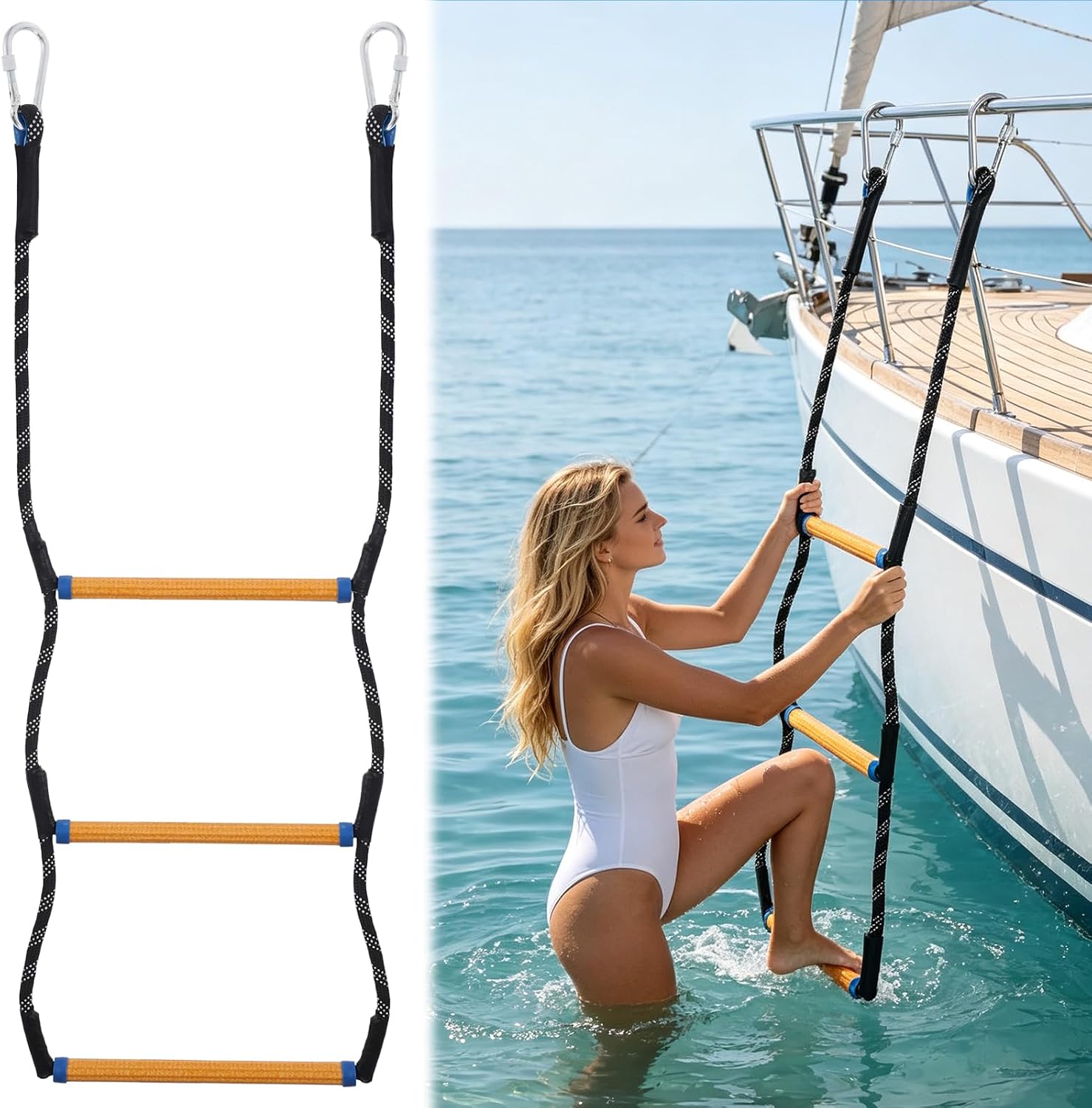 5 Step Boat Rope Ladder Heavy Duty Foldable Marine Rope Ladder with Storage Bag Portable Marine Boarding Tool for Inflatable Boat Kayak Pontoon Motorboat Canoeing and Outdoor Watercraft