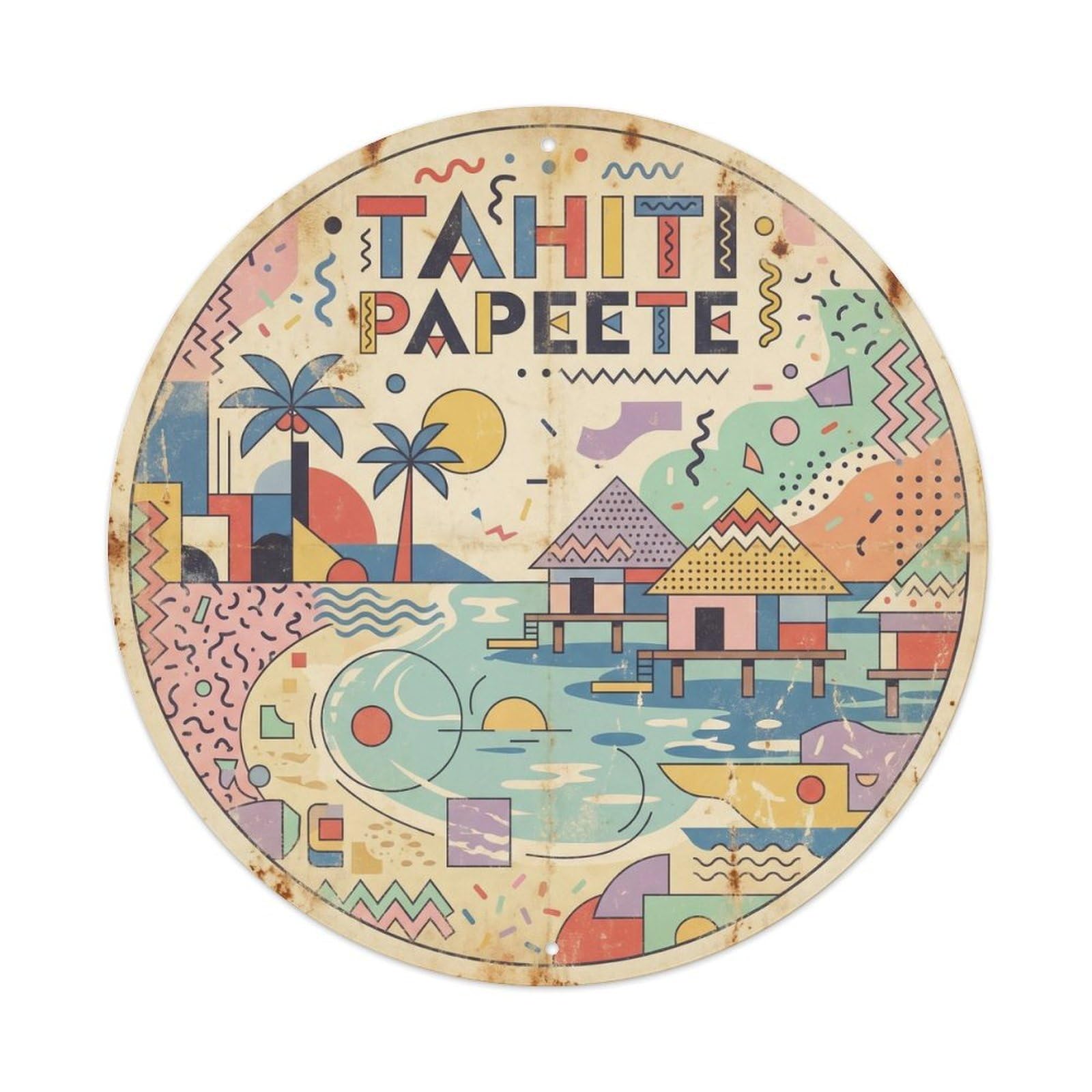 Odgynaw 8X8inch(20X20cm) Tahiti Papeete Polynesia Island Colorblock Metal Tin Sign