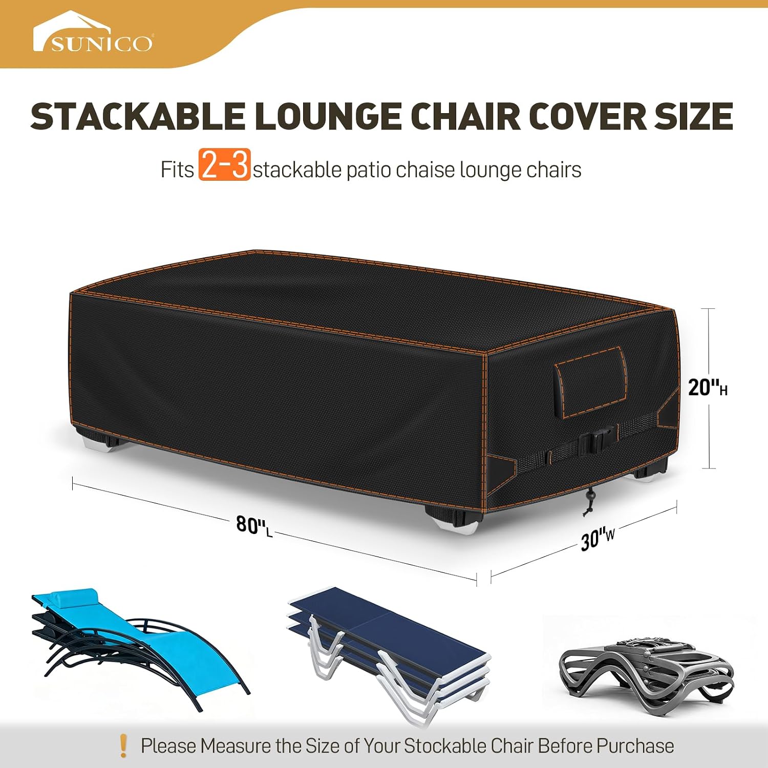 Outdoor Lounge Chair Covers for 2-3 Stackable Patio Chaise Lounge Chairs, 80" L x 30" W x 20" H Waterproof Pool Lounge Chair Cover for Outdoor Storage, UV Fade Protection, Tear-Resistant, Black