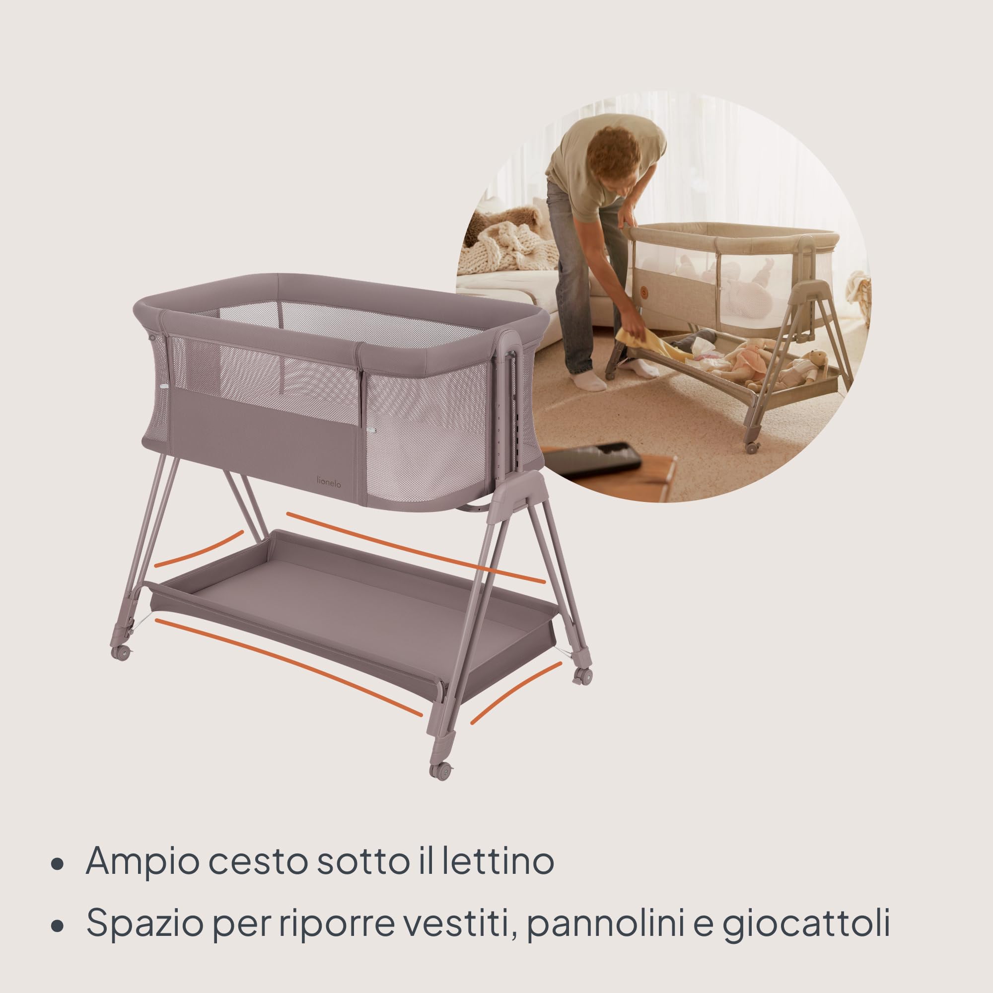 lionelo LUNA lettino portatile con materasso, co-sleeping, da neonato a 9kg, altezza e inclinazione regolabili, 4 ruote con blocco, fissaggio al letto dei genitori, arioso lettino da affiancare