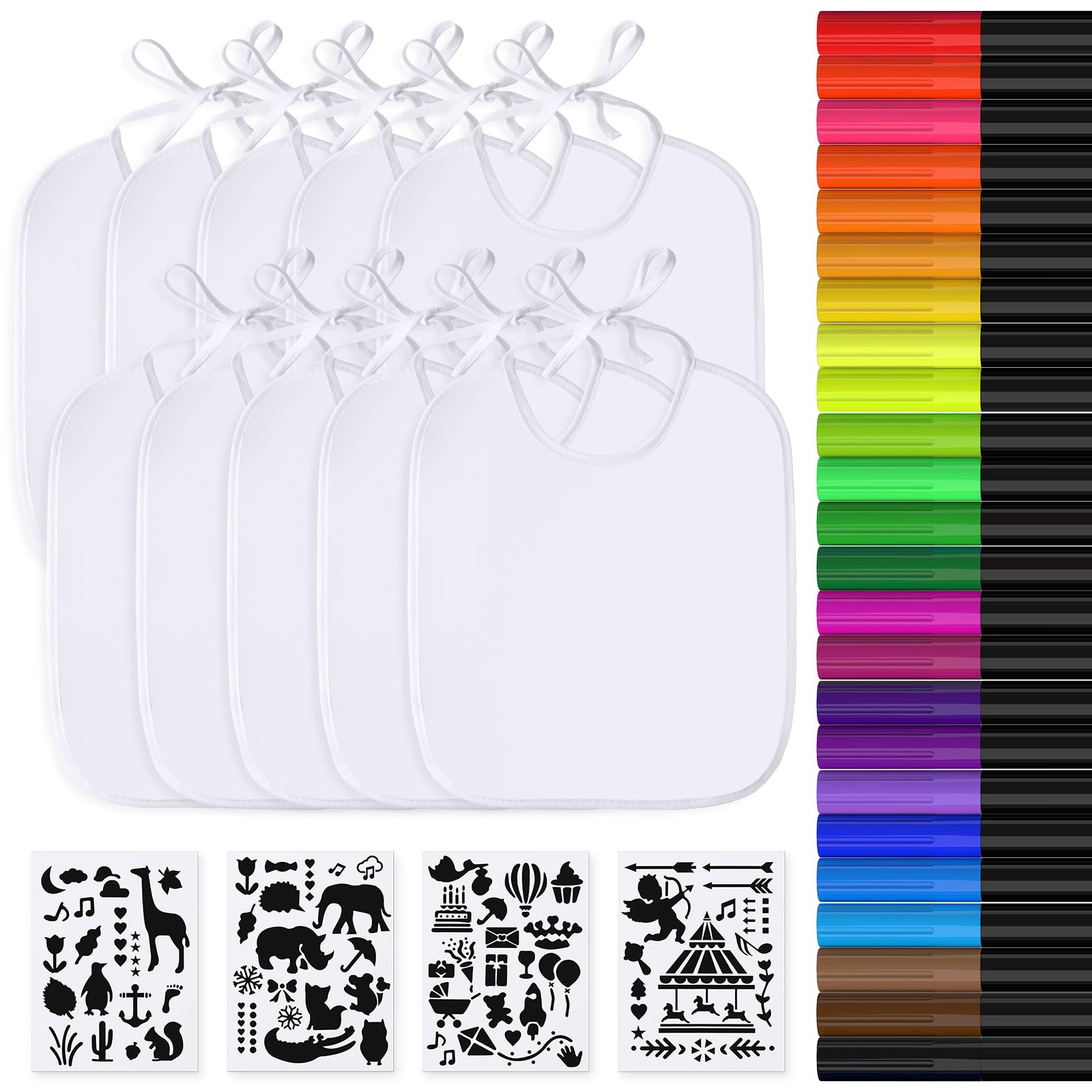 APOGO Lätzchen zum Bemalen 10 Stück Weiße Lätzchen 29.5 * 25.3cm Aus Baumwolle und Wasserdichte Seite, mit 24 Textilstie und 4 Schablonen für Junge und Mädchen Baby shower Party Deko